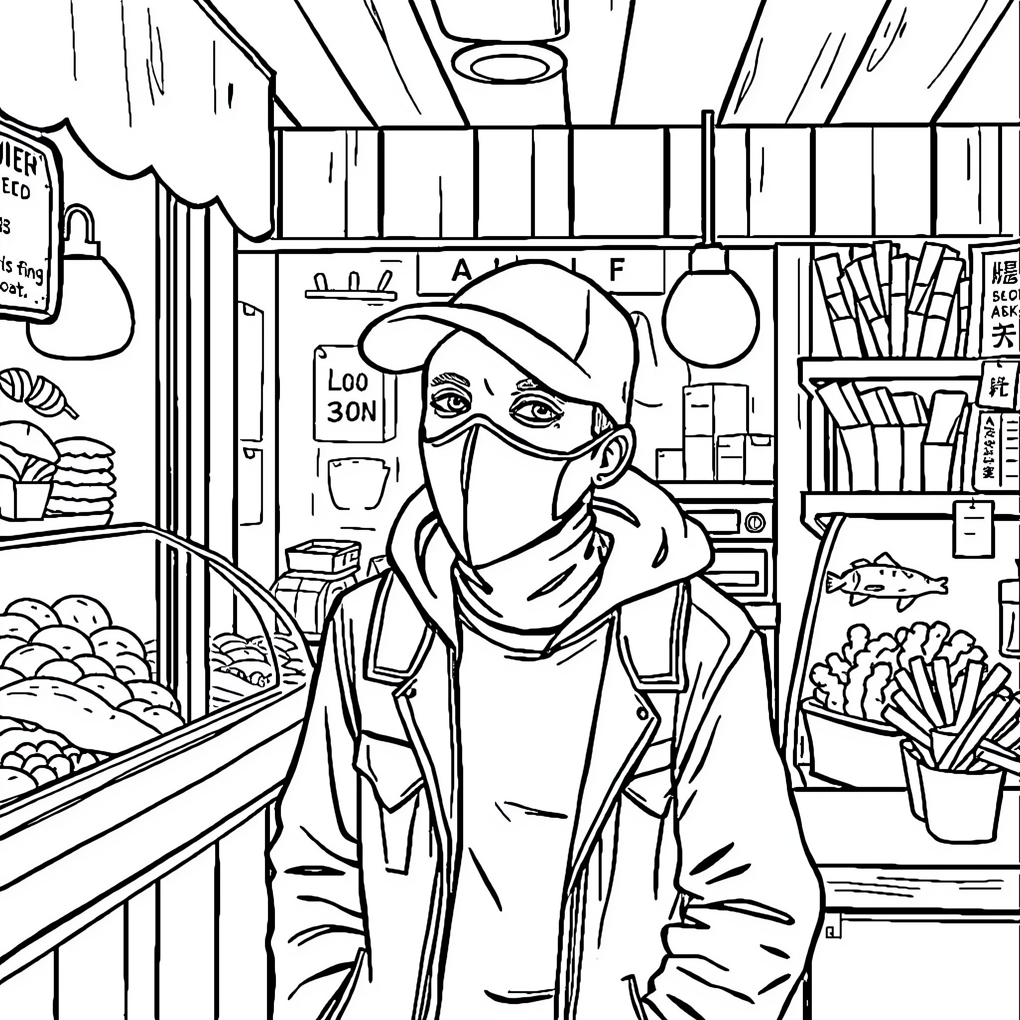 Vessel in a shop with a masked individual Coloring Page (free black-and-white line drawing printable PDF for all, from beginners to advanced learners, including children, teens, adults, and seniors)