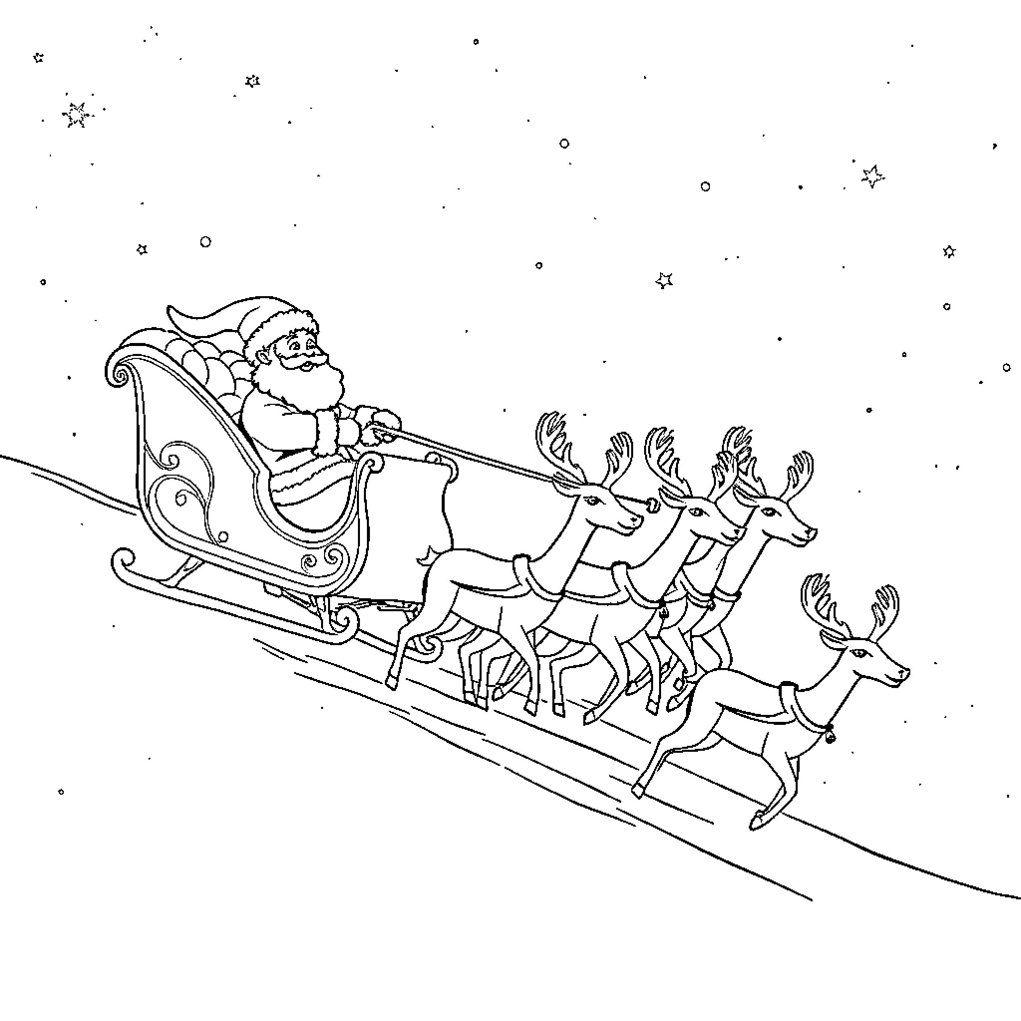 Sleigh with Santa and reindeer on snowy night Coloring Page (free black-and-white line drawing printable PDF for all, from beginners to advanced learners, including children, teens, adults, and seniors)
