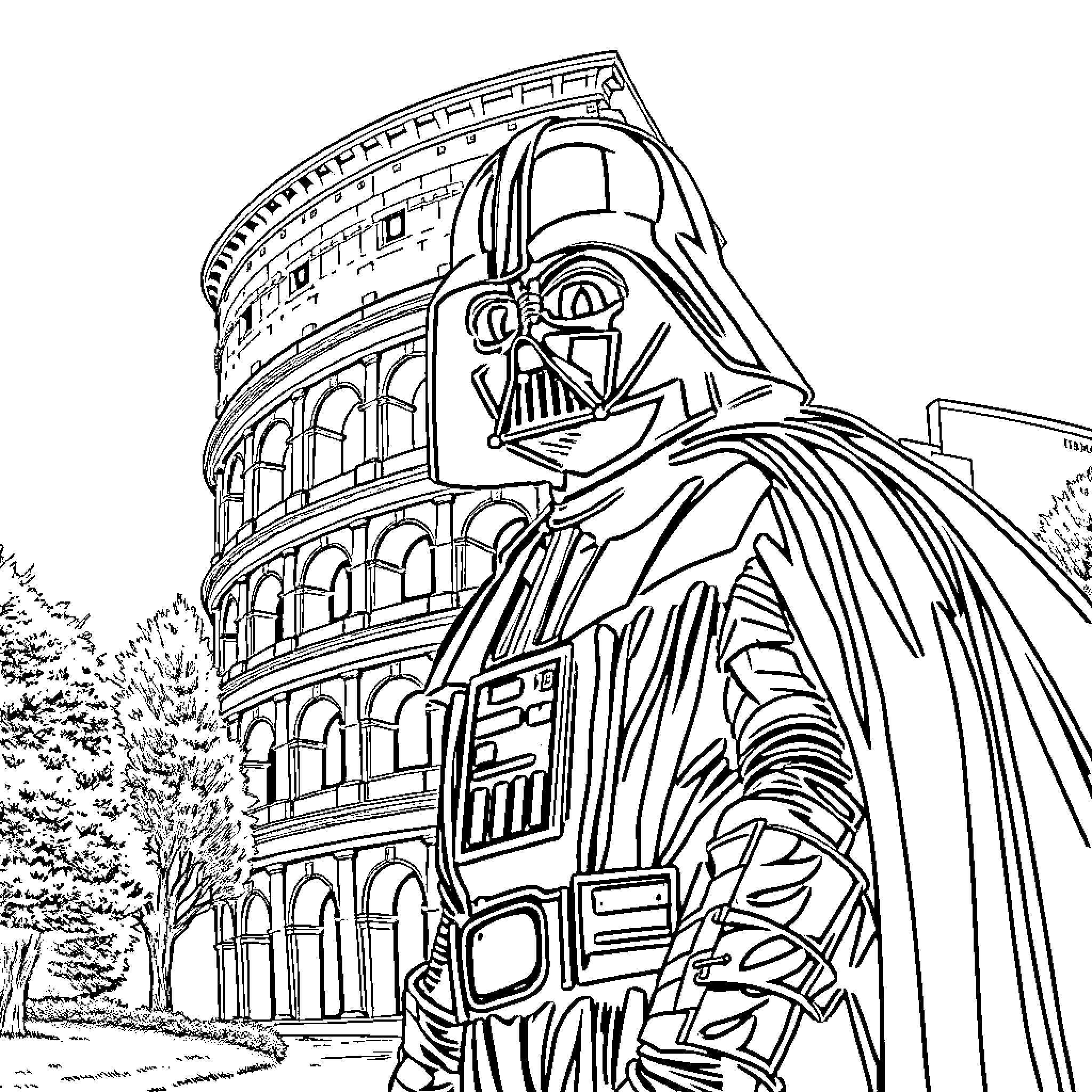 Darth Vader visits the Colosseum Coloring Page (free black-and-white line drawing printable PDF for all, from beginners to advanced learners, including children, teens, adults, and seniors)