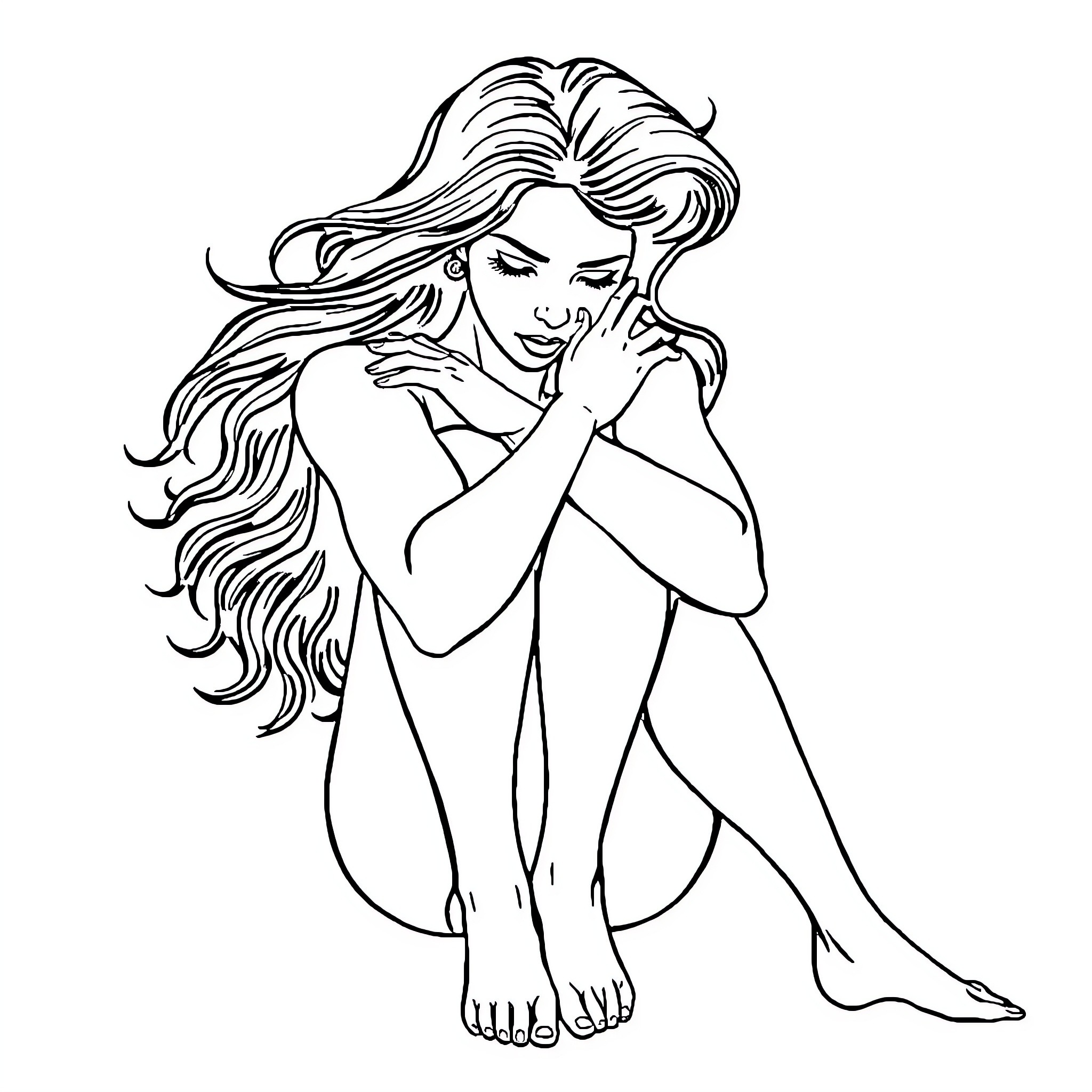 Woman with flowing hair in thoughtful pose Coloring Page (free black-and-white line drawing printable PDF for all, from beginners to advanced learners, including children, teens, adults, and seniors)