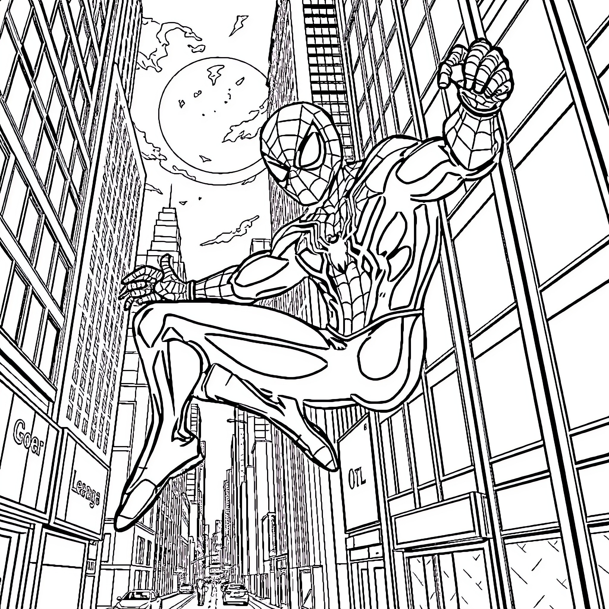 Spiderman swinging through the city streets Coloring Page (free black-and-white line drawing printable PDF for all, from beginners to advanced learners, including children, teens, adults, and seniors)
