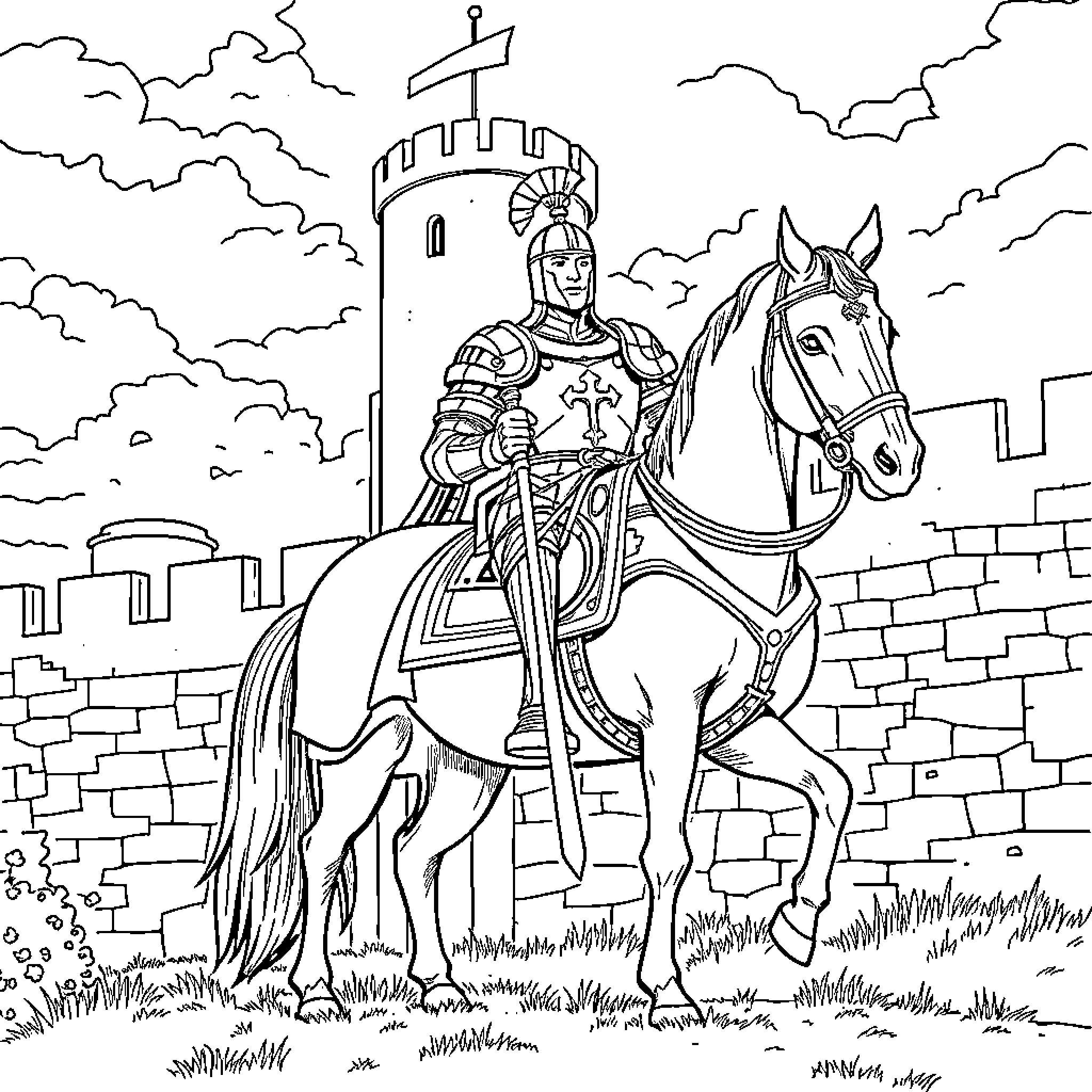 Knight on a horse in front of a castle Coloring Page (free black-and-white line drawing printable PDF for all, from beginners to advanced learners, including children, teens, adults, and seniors)