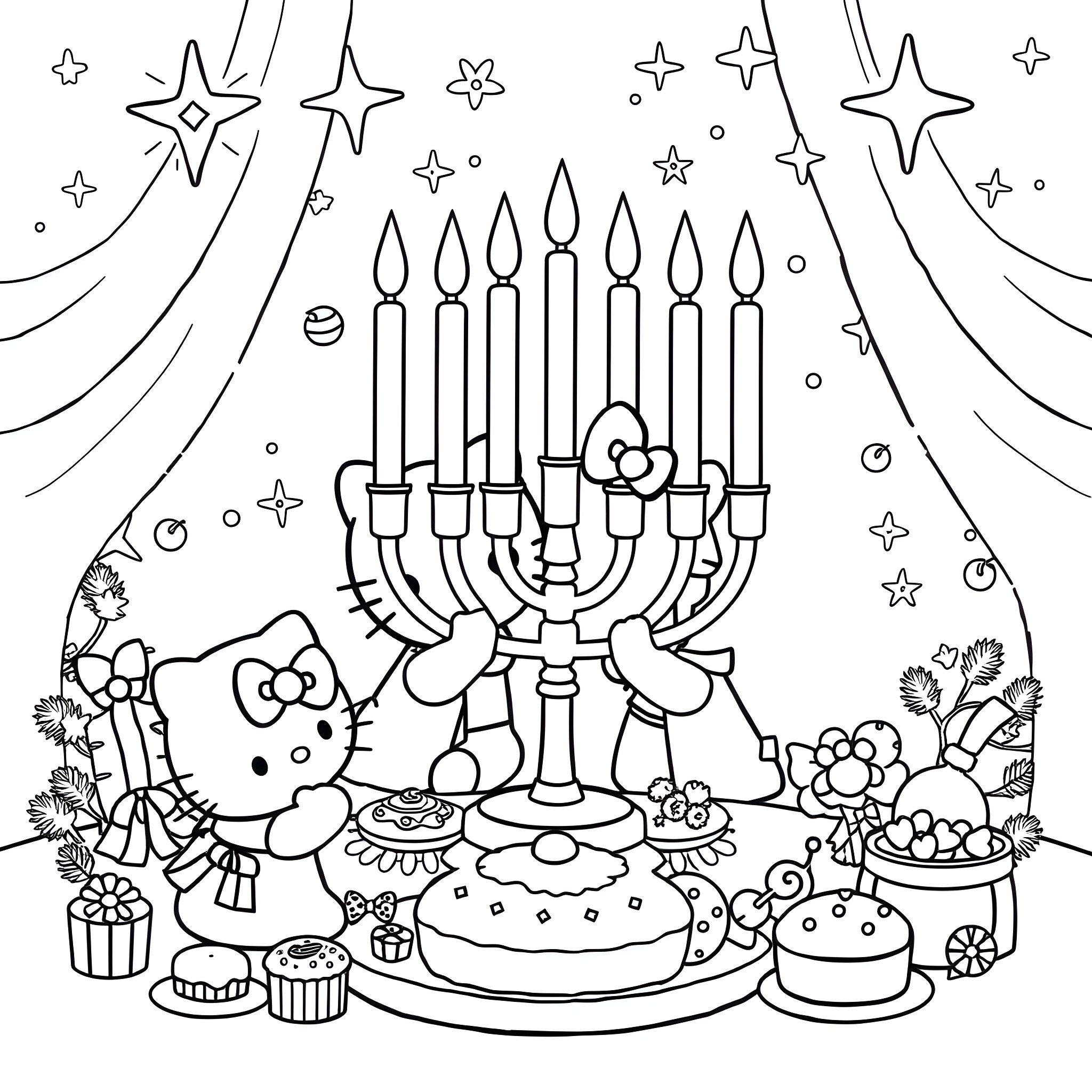 Hello Kitty Celebrates Hanukkah with Festive Candles and Sweets Coloring Page (free black-and-white line drawing printable PDF for all, from beginners to advanced learners, including children, teens, adults, and seniors)