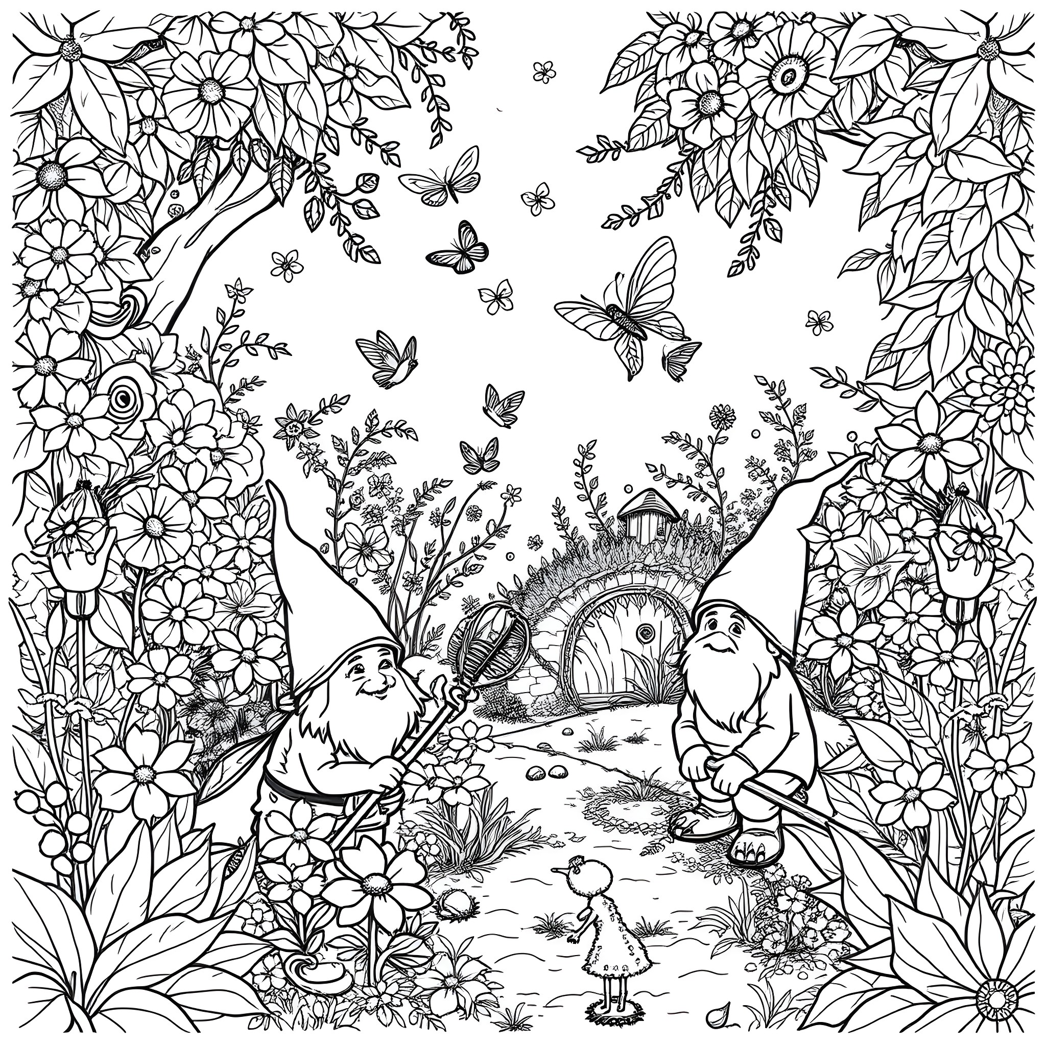 Gnome friends exploring a whimsical floral landscape Coloring Page (free black-and-white line drawing printable PDF for all, from beginners to advanced learners, including children, teens, adults, and seniors)