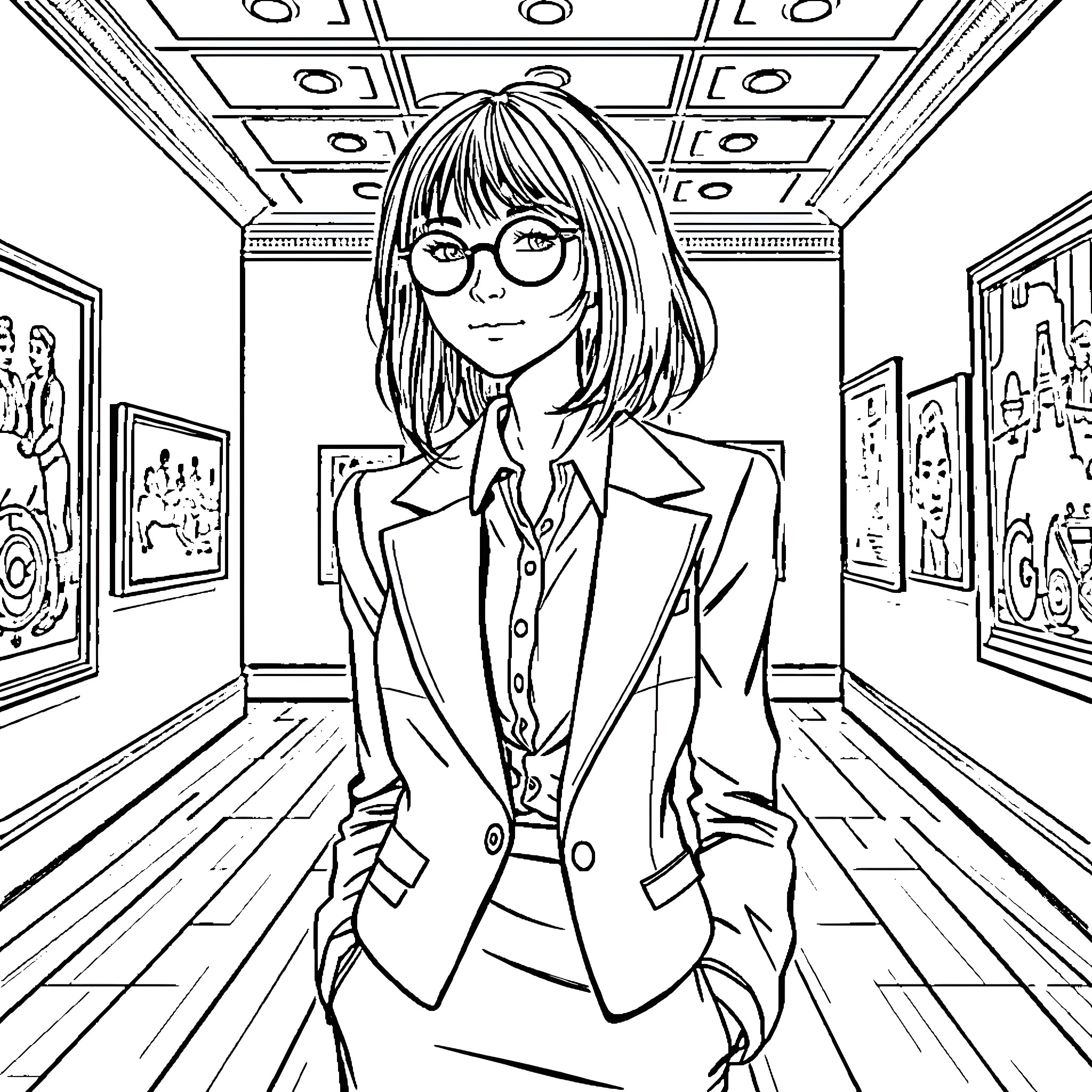 Girl in formal attire exploring art gallery Coloring Page (free black-and-white line drawing printable PDF for all, from beginners to advanced learners, including children, teens, adults, and seniors)