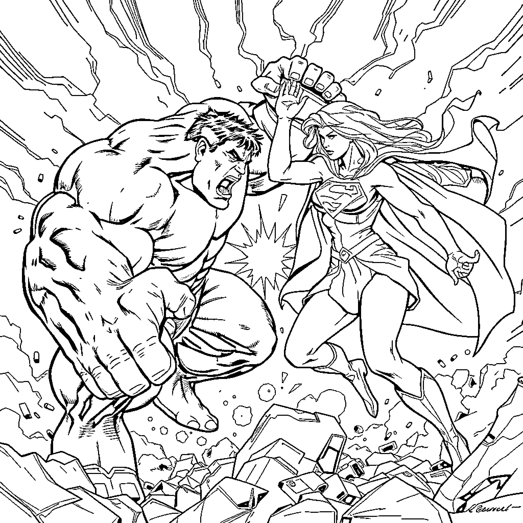 Hulk battling a powerful superhero in an epic clash Coloring Page (free black-and-white line drawing printable PDF for all, from beginners to advanced learners, including children, teens, adults, and seniors)