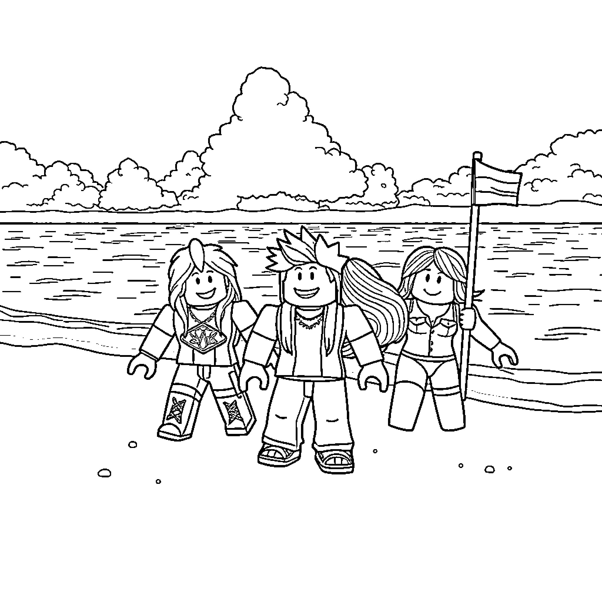 Roblox Characters enjoying a day at the beach Coloring Page (free black-and-white line drawing printable PDF for all, from beginners to advanced learners, including children, teens, adults, and seniors)
