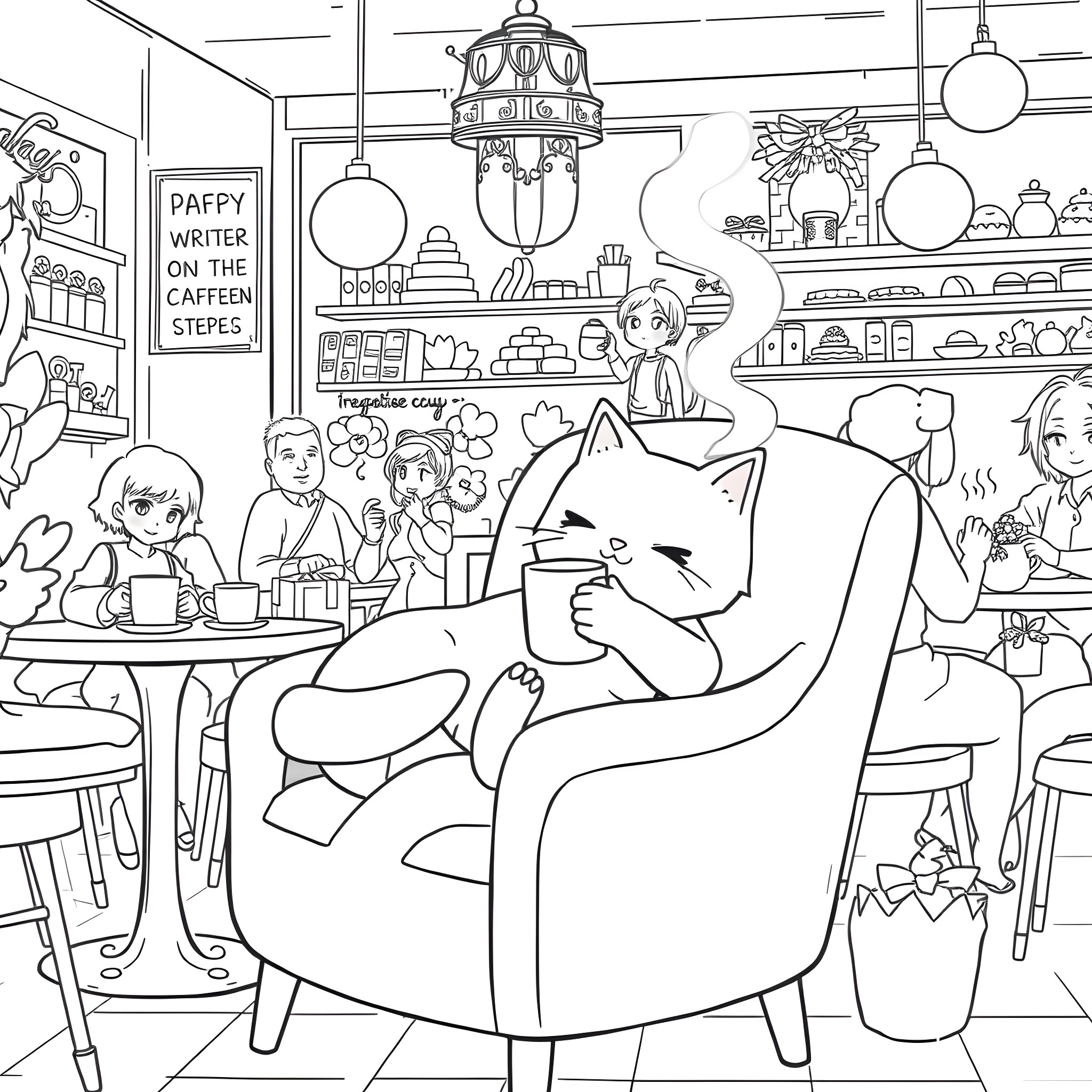 Anime Cat Relaxing in a Cozy Cafe Coloring Page (free black-and-white line drawing printable PDF for all, from beginners to advanced learners, including children, teens, adults, and seniors)