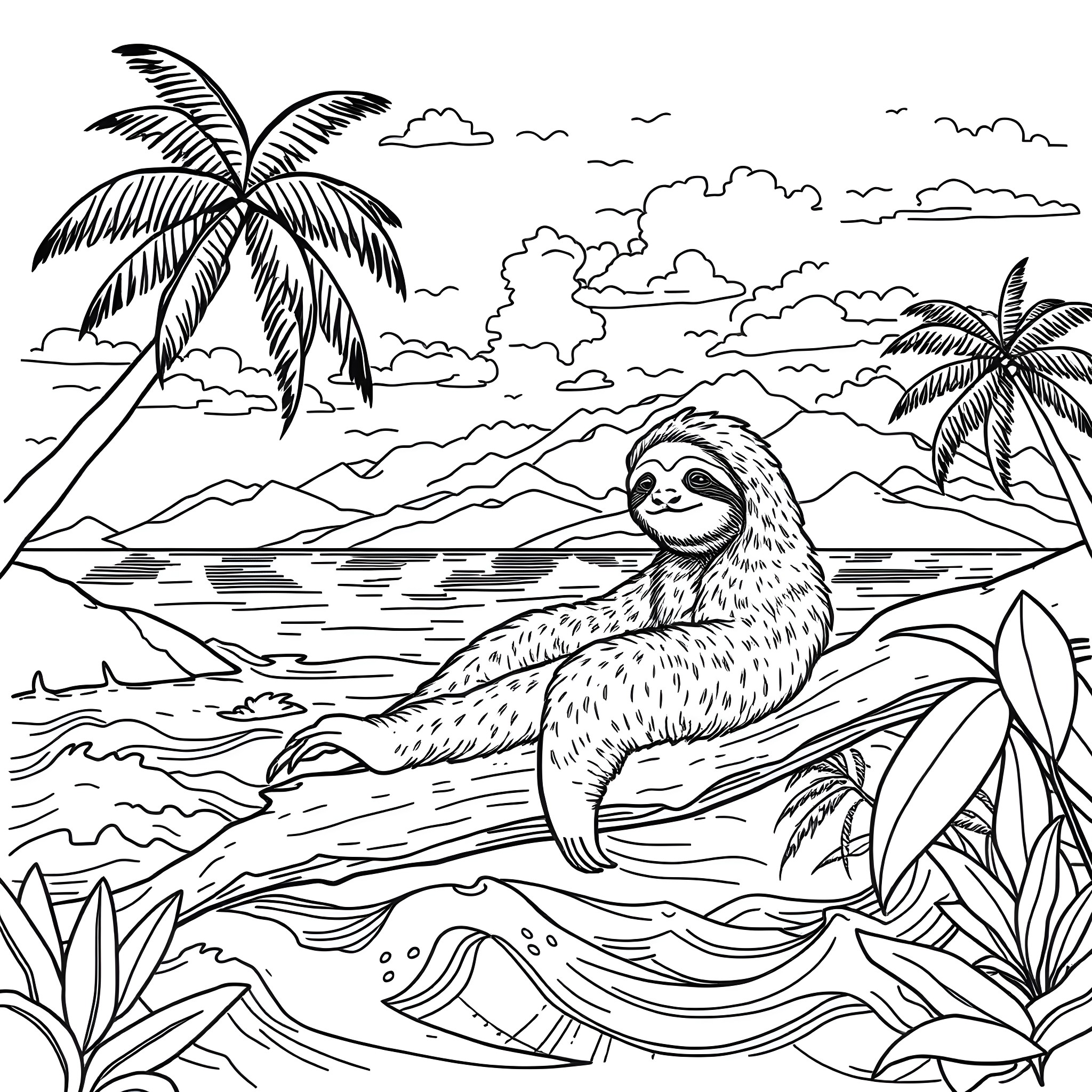 Sloth relaxing on the beach under palm trees Coloring Page (free black-and-white line drawing printable PDF for all, from beginners to advanced learners, including children, teens, adults, and seniors)