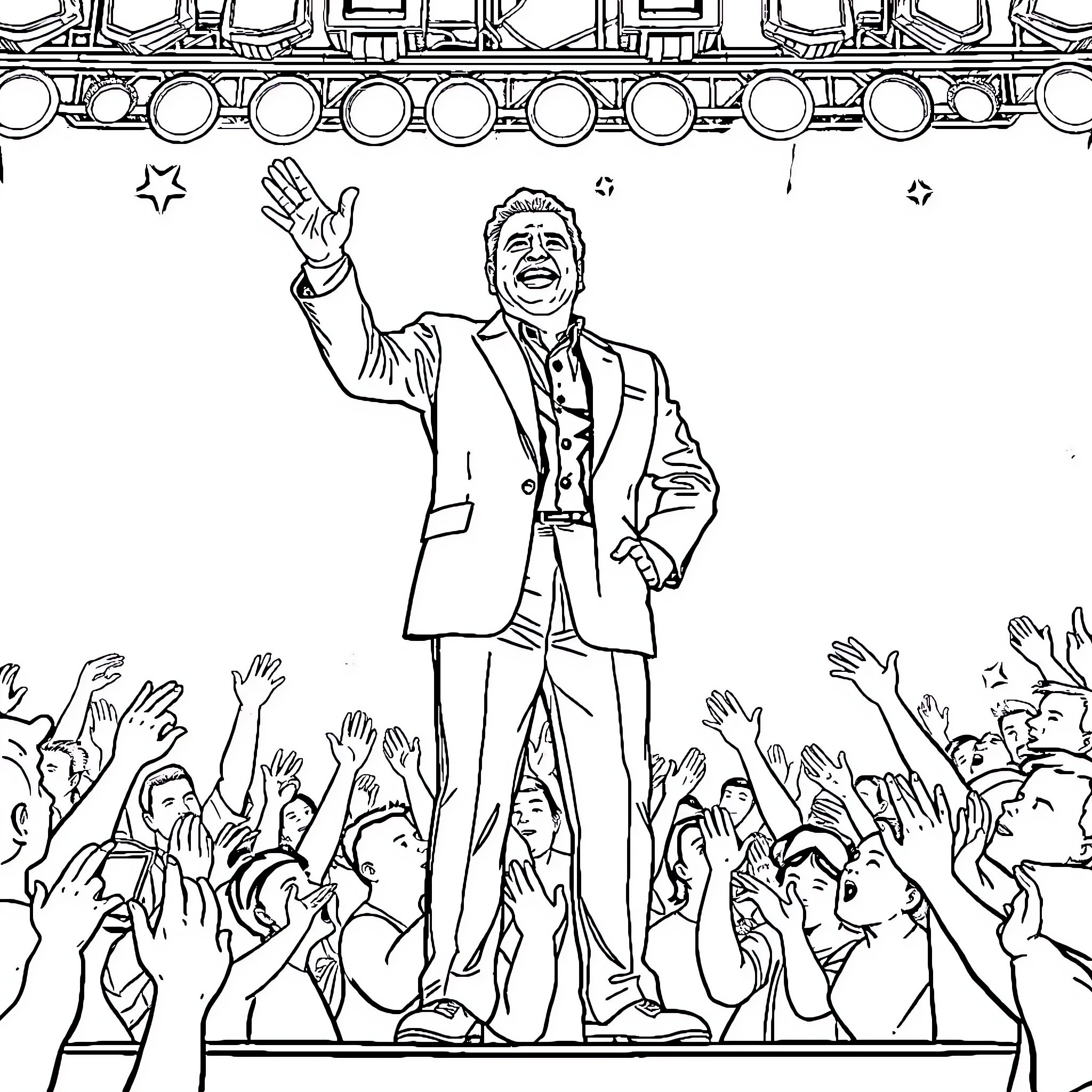Eladio Carrion performing on stage with enthusiastic crowd Coloring Page (free black-and-white line drawing printable PDF for all, from beginners to advanced learners, including children, teens, adults, and seniors)