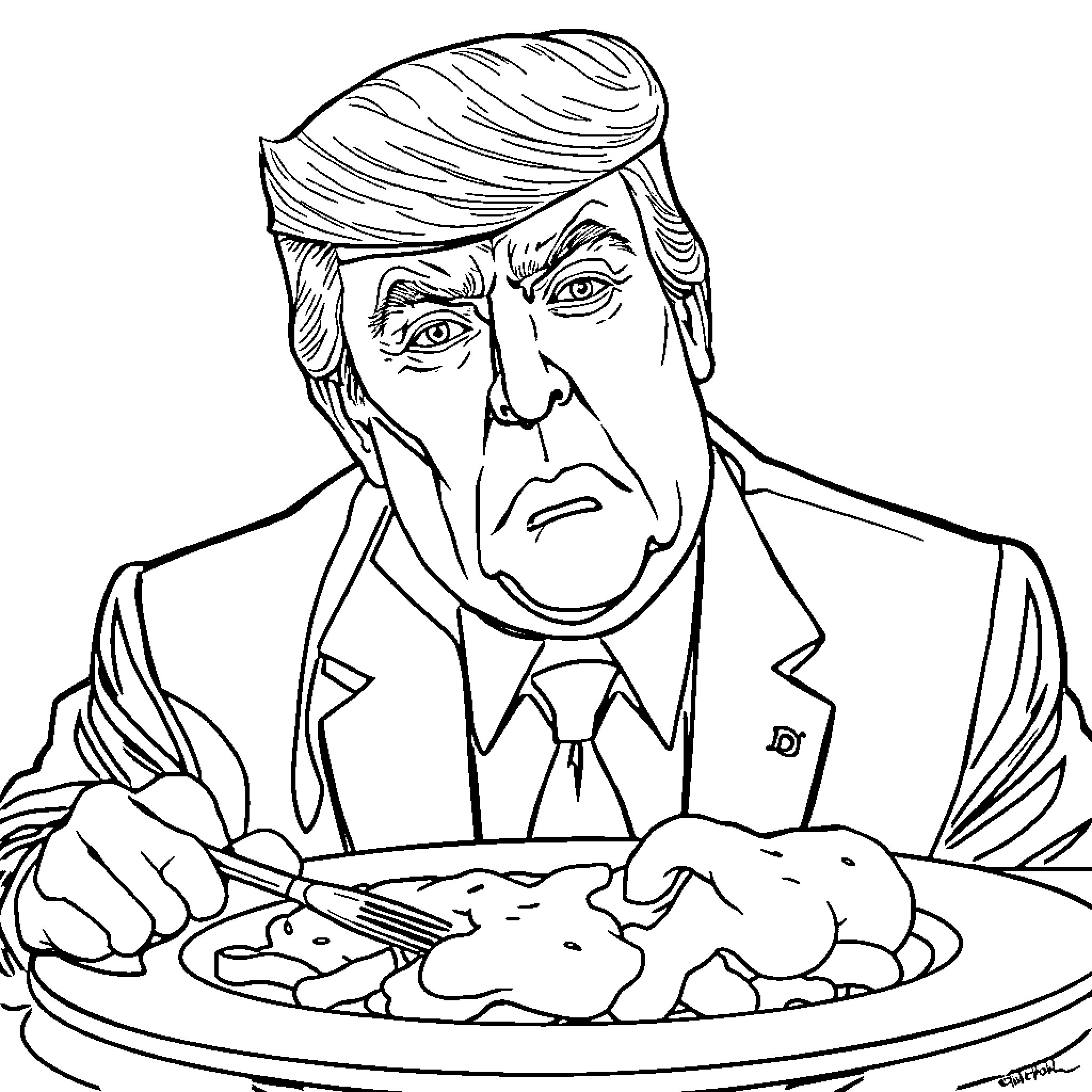 Donald Trump Eating a Controversial Meal Coloring Page (free black-and-white line drawing printable PDF for all, from beginners to advanced learners, including children, teens, adults, and seniors)