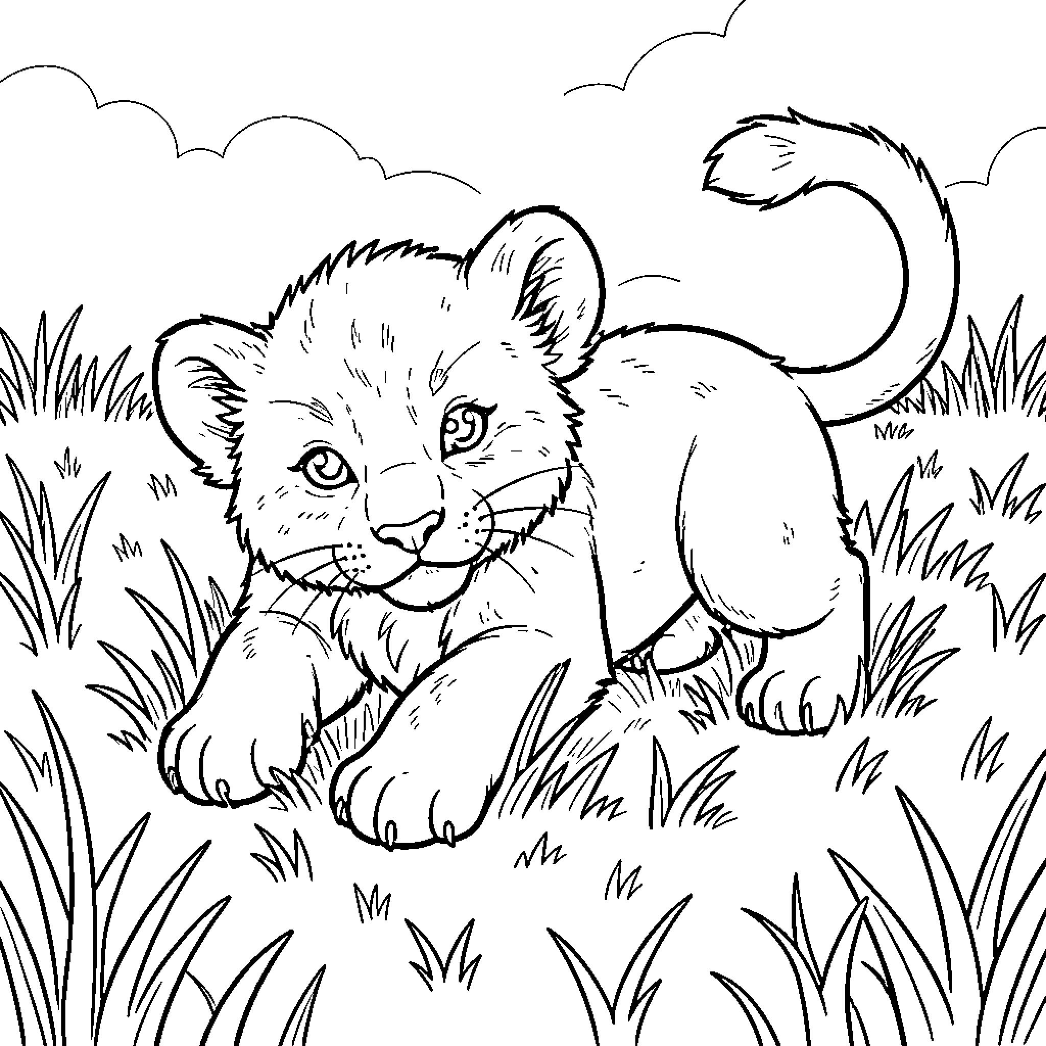 Lion cub exploring the grasslands Coloring Page (free black-and-white line drawing printable PDF for all, from beginners to advanced learners, including children, teens, adults, and seniors)