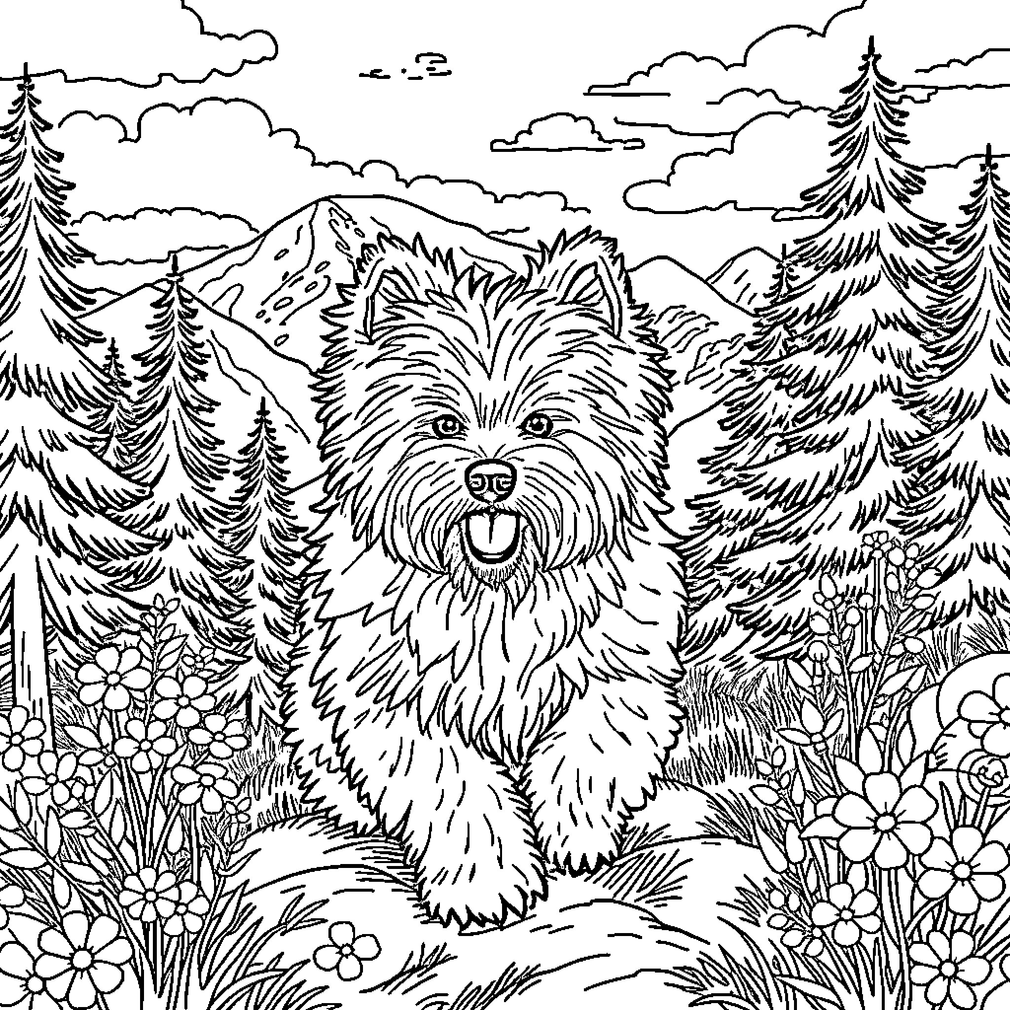 Bichon in a Serene Forest Landscape Coloring Page (free black-and-white line drawing printable PDF for all, from beginners to advanced learners, including children, teens, adults, and seniors)