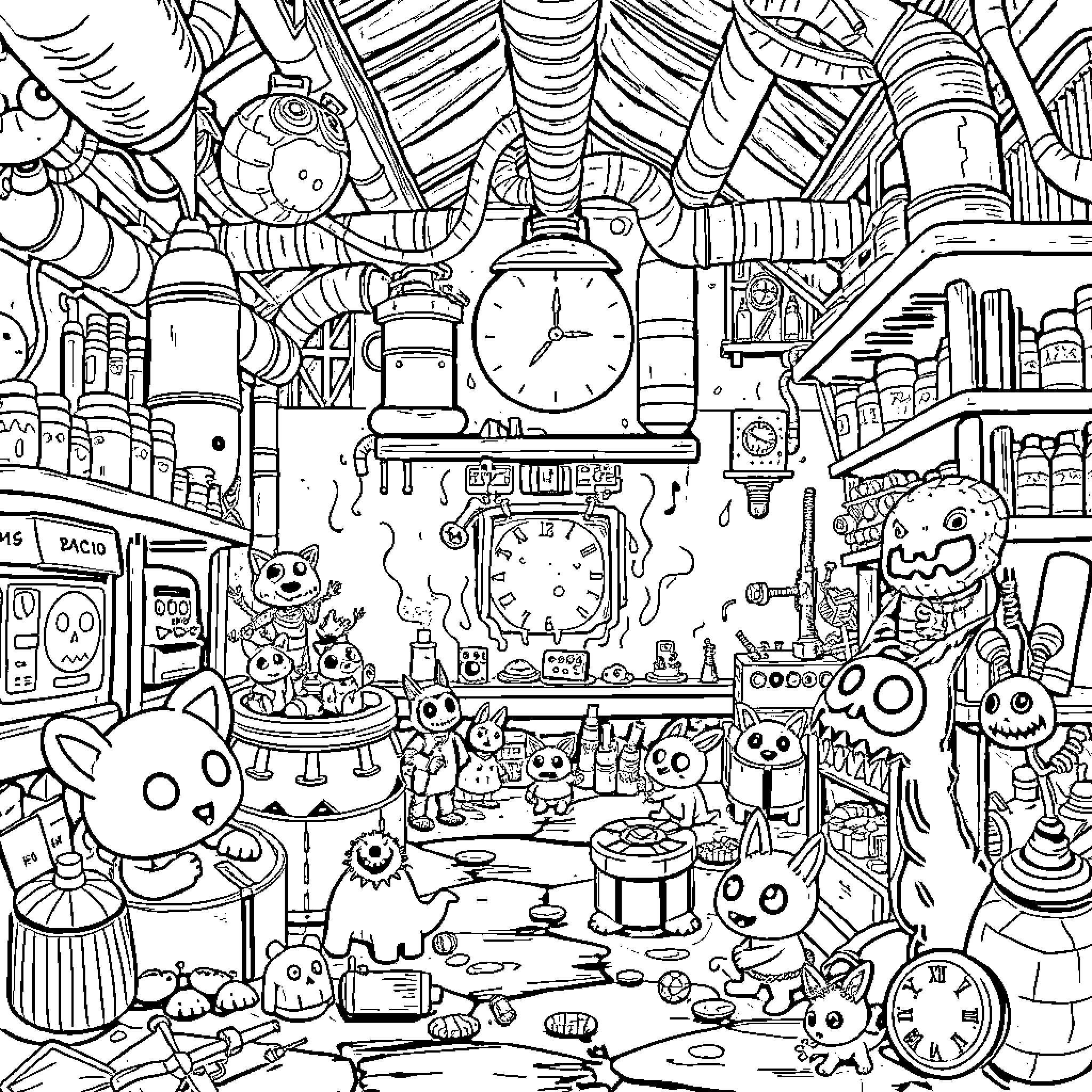 Poppy's Fantastical Workshop of Whimsical Wonders Coloring Page (free black-and-white line drawing printable PDF for all, from beginners to advanced learners, including children, teens, adults, and seniors)