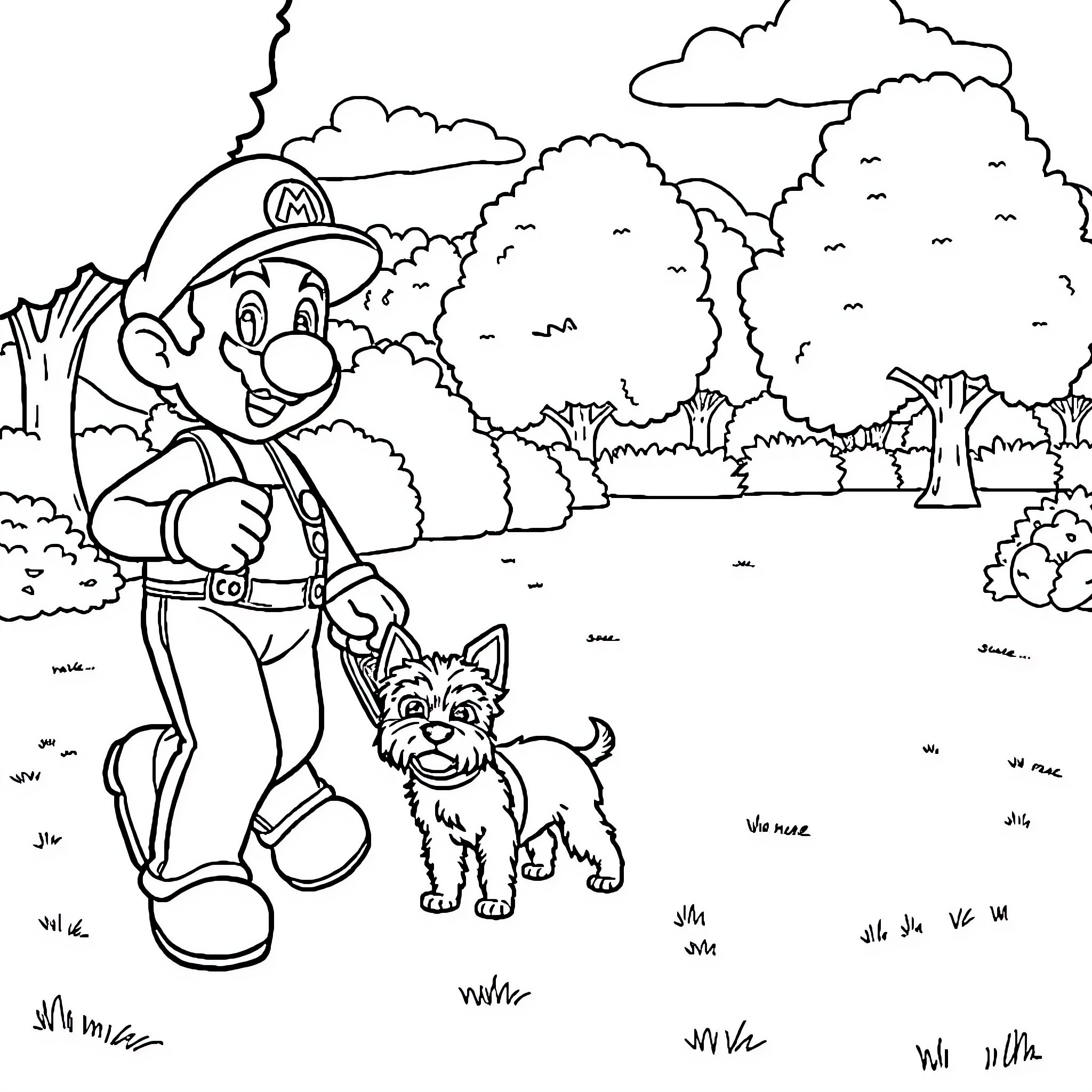 Mario exploring the outdoors with his canine companion Coloring Page (free black-and-white line drawing printable PDF for all, from beginners to advanced learners, including children, teens, adults, and seniors)