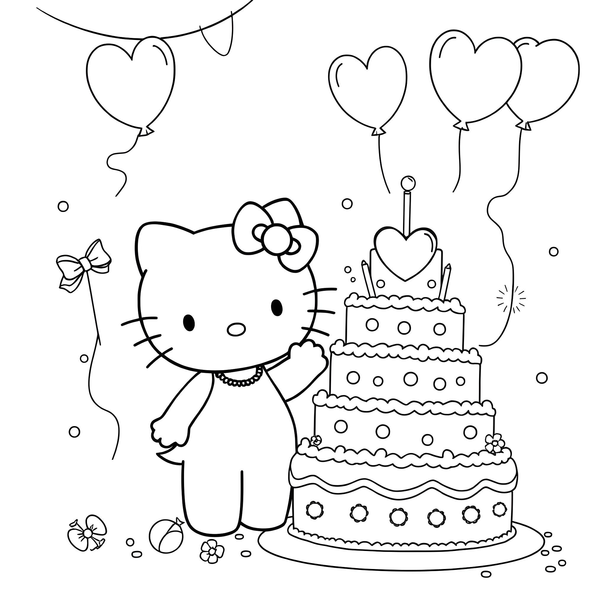 Hello Kitty celebrates birthday with cake and balloons Coloring Page (free black-and-white line drawing printable PDF for all, from beginners to advanced learners, including children, teens, adults, and seniors)