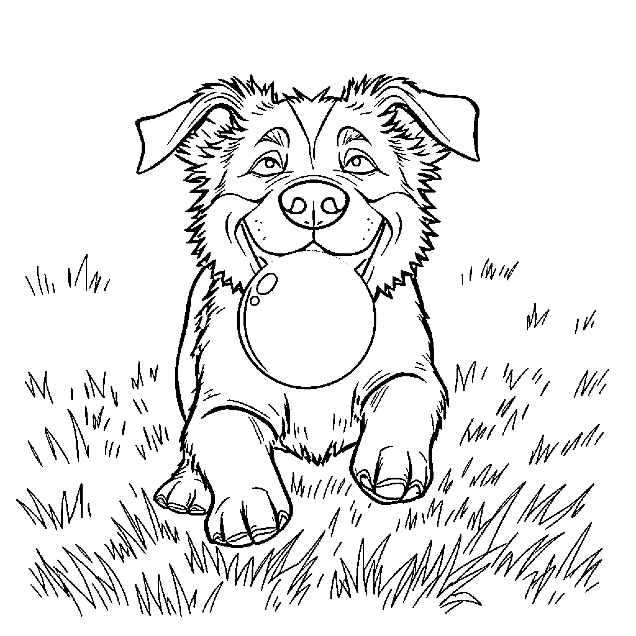 Dog enjoying the outdoors on a grassy field Coloring Page (free black-and-white line drawing printable PDF for all, from beginners to advanced learners, including children, teens, adults, and seniors)
