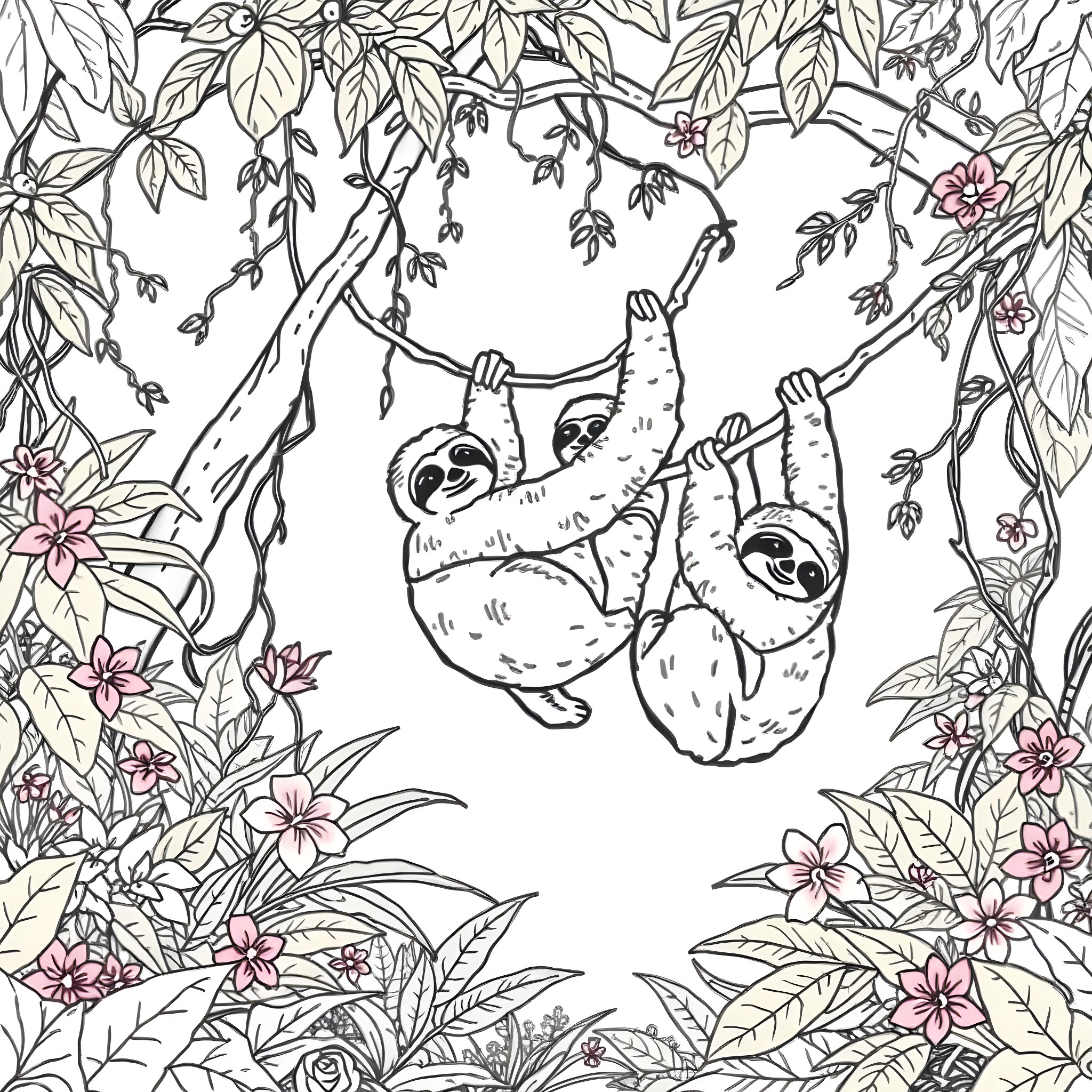 Sloth Relaxing Amid Lush Jungle Foliage Coloring Page (free black-and-white line drawing printable PDF for all, from beginners to advanced learners, including children, teens, adults, and seniors)