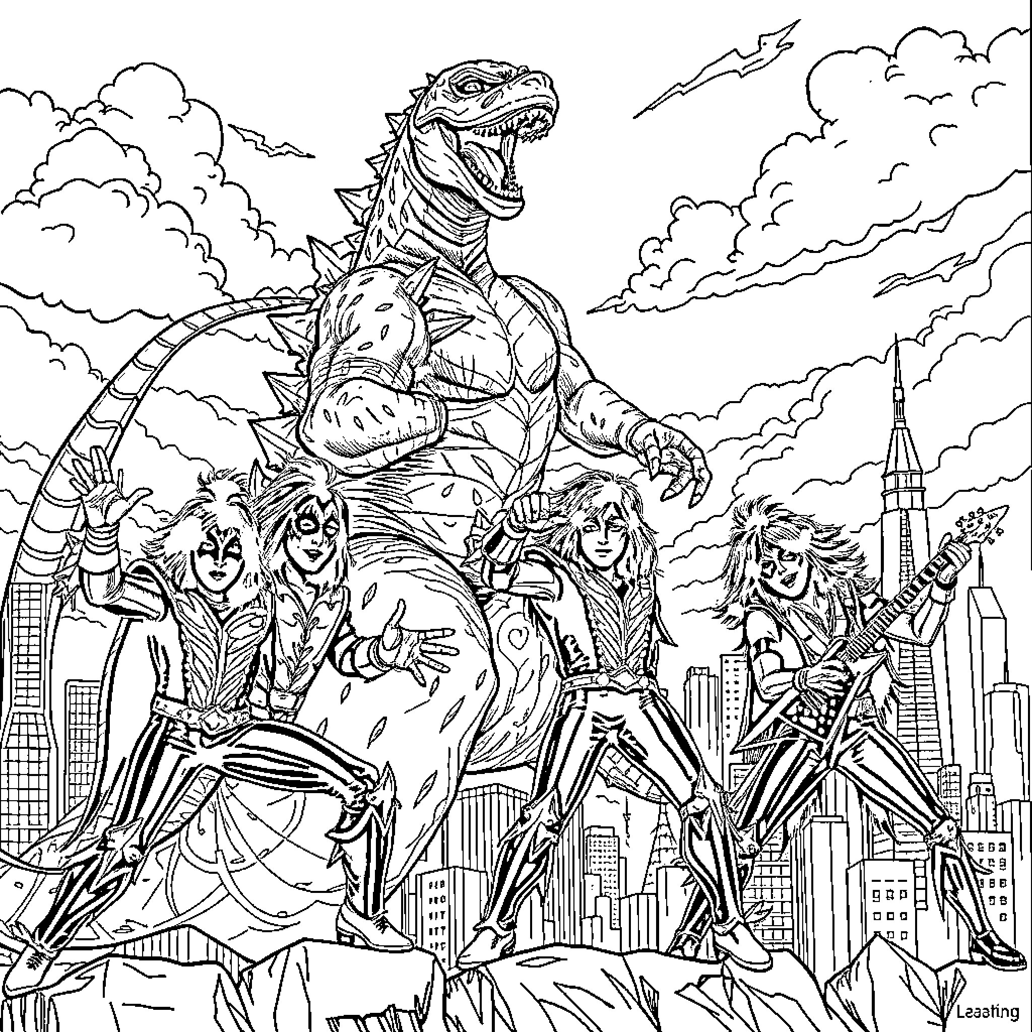 Kiss of the Fearsome Monster and Heroes Coloring Page (free black-and-white line drawing printable PDF for all, from beginners to advanced learners, including children, teens, adults, and seniors)