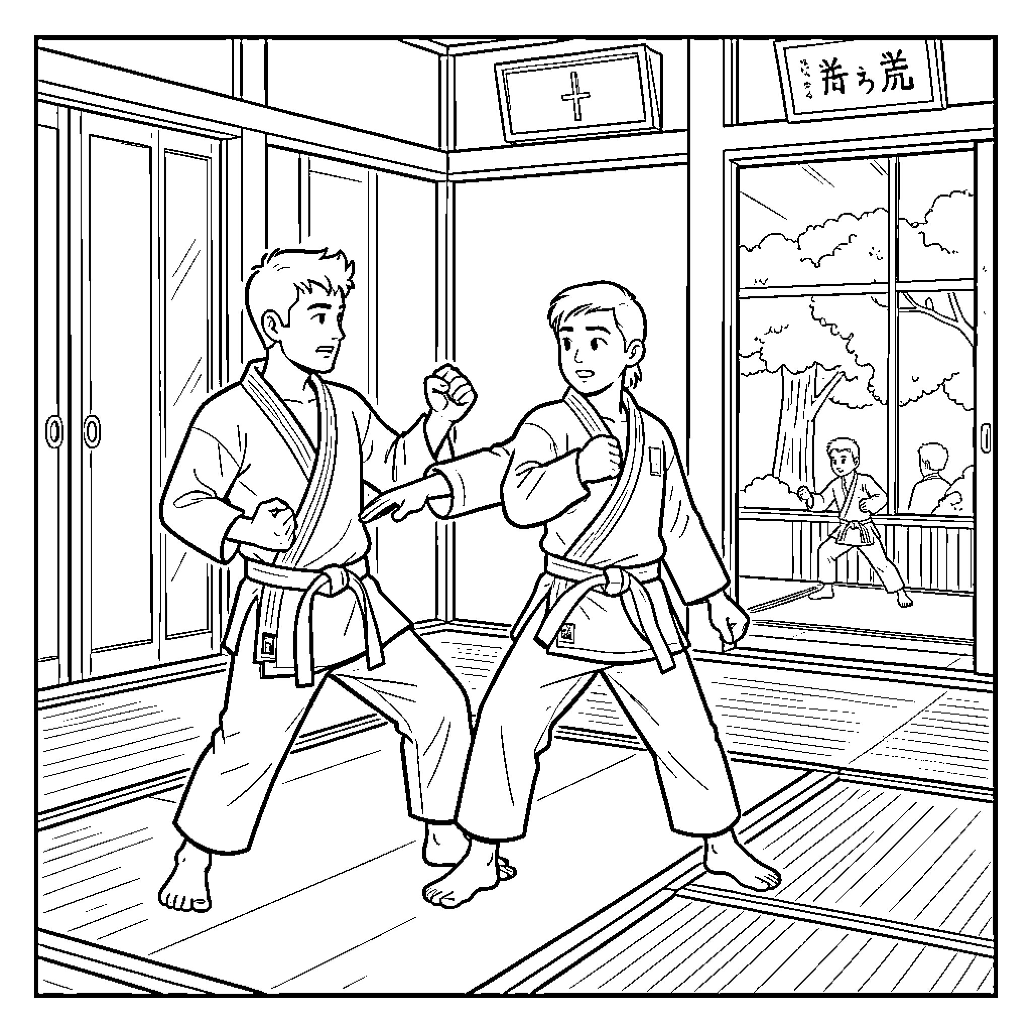 Patrouille de deux jeunes pratiquants de karaté en combat Coloring Page (free black-and-white line drawing printable PDF for all, from beginners to advanced learners, including children, teens, adults, and seniors)