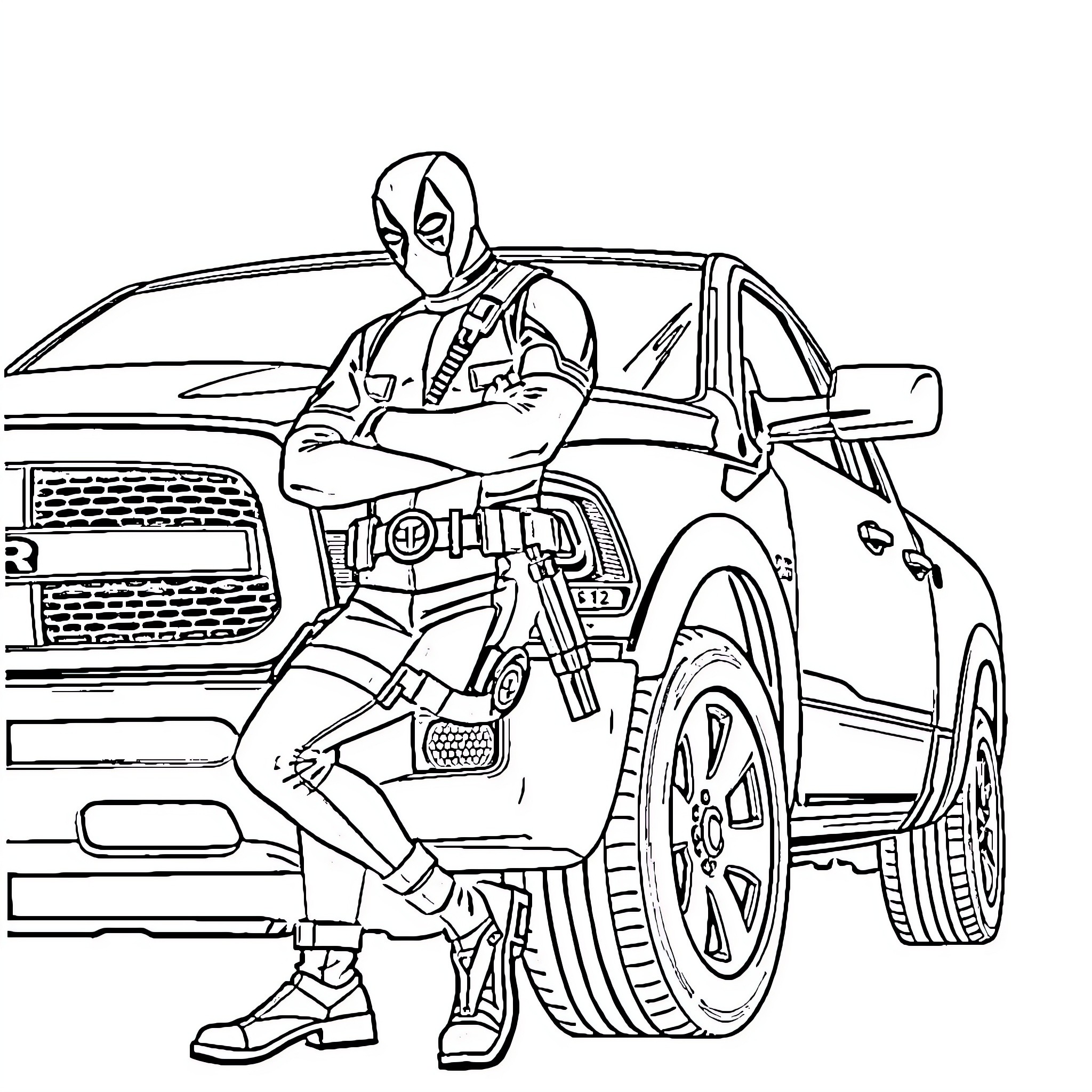 Deadpool posing confidently with his car Coloring Page (free black-and-white line drawing printable PDF for all, from beginners to advanced learners, including children, teens, adults, and seniors)