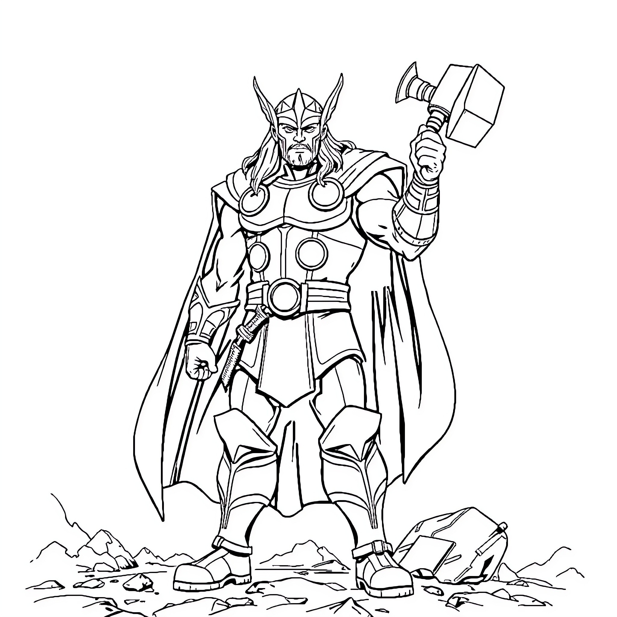 Thor Wielding Mighty Hammer Amidst Destruction Coloring Page (free black-and-white line drawing printable PDF for all, from beginners to advanced learners, including children, teens, adults, and seniors)