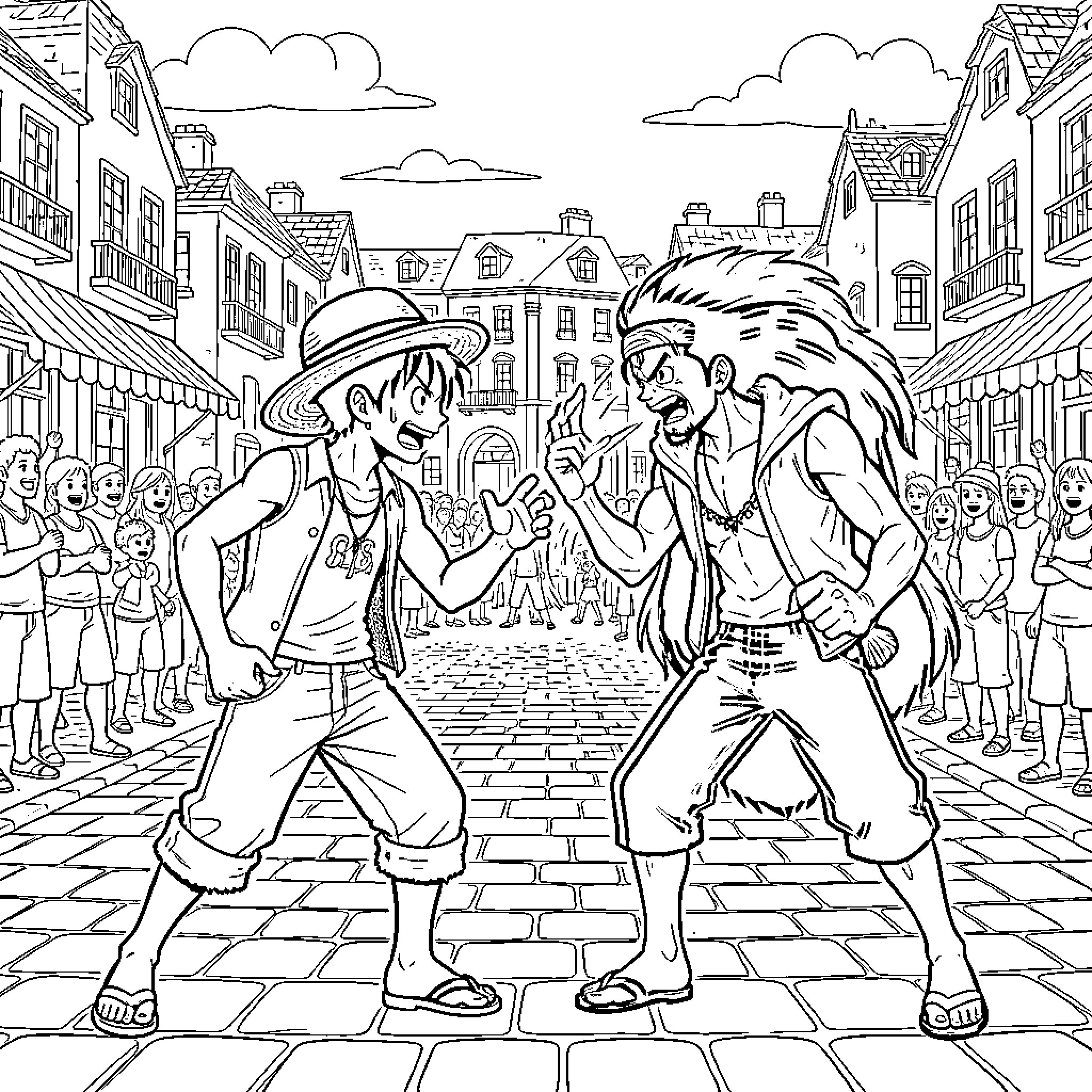 Luffy facing off against a powerful opponent in town Coloring Page (free black-and-white line drawing printable PDF for all, from beginners to advanced learners, including children, teens, adults, and seniors)