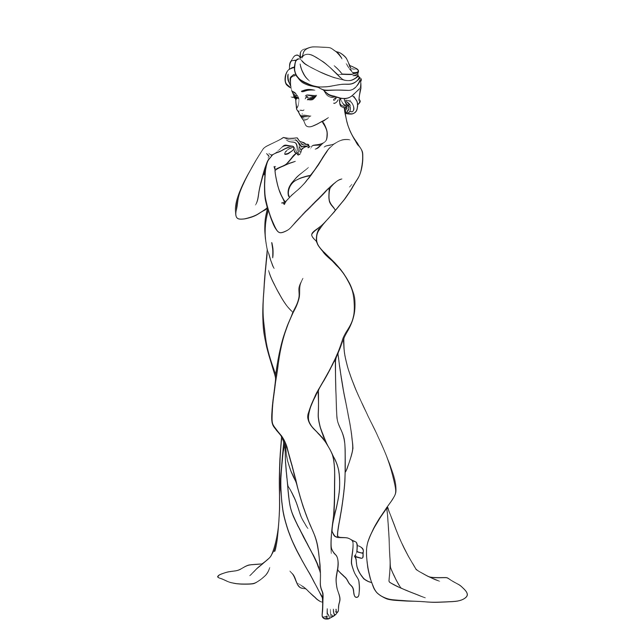Female figure posing gracefully in flowing dress Coloring Page (free black-and-white line drawing printable PDF for all, from beginners to advanced learners, including children, teens, adults, and seniors)