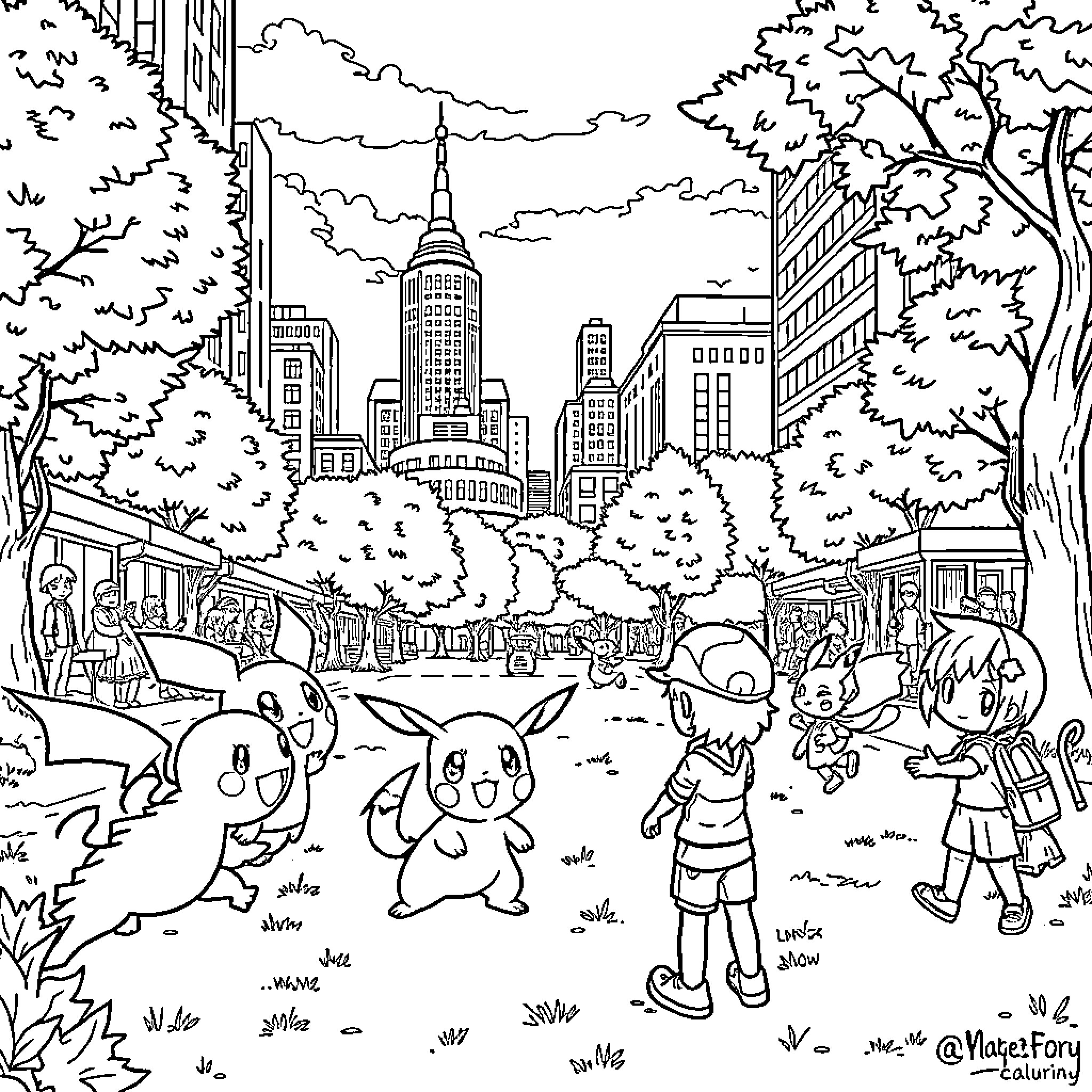 Pokémon characters exploring the city streets Coloring Page (free black-and-white line drawing printable PDF for all, from beginners to advanced learners, including children, teens, adults, and seniors)
