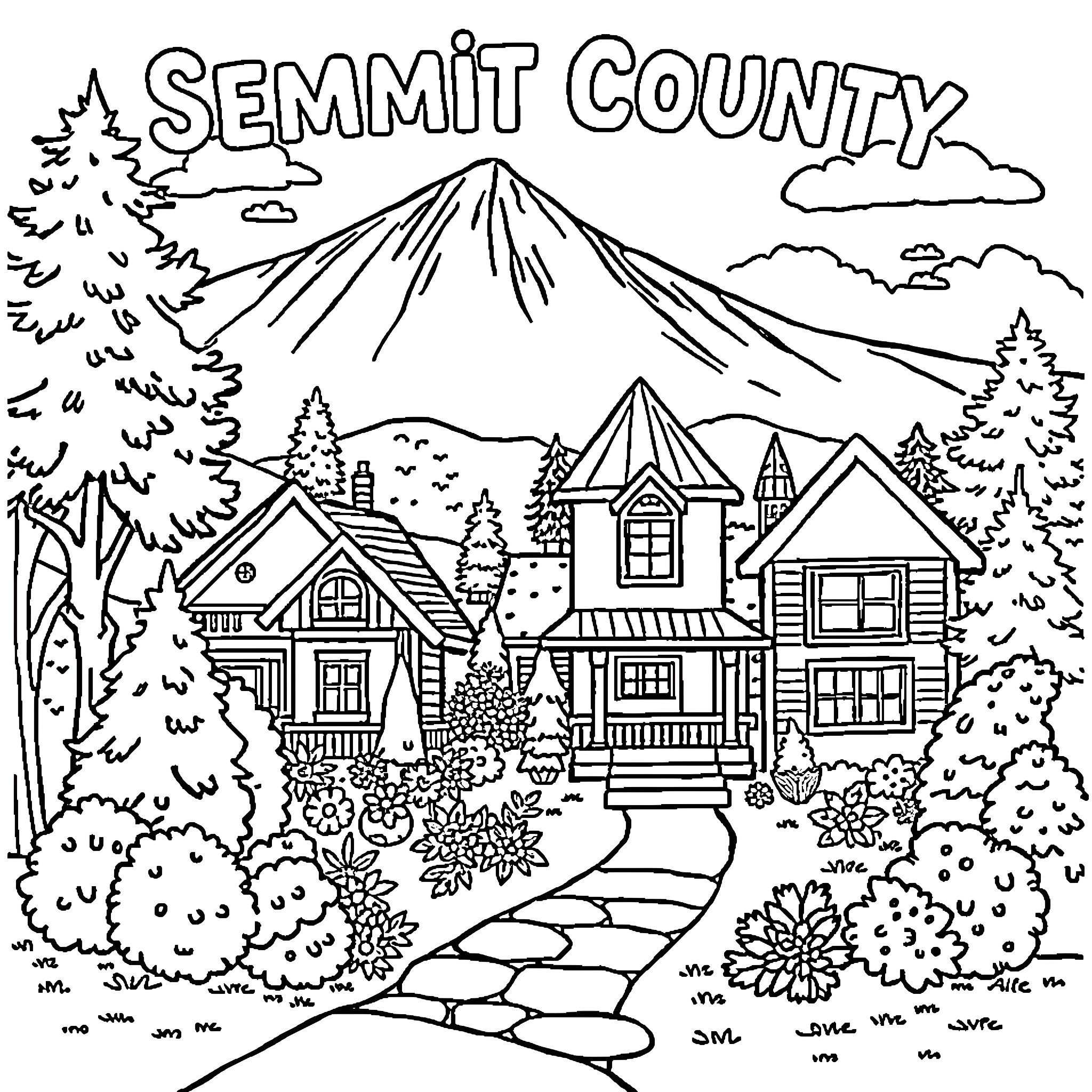 Real Estate Countryside Scenic Landscape Coloring Page (free black-and-white line drawing printable PDF for all, from beginners to advanced learners, including children, teens, adults, and seniors)