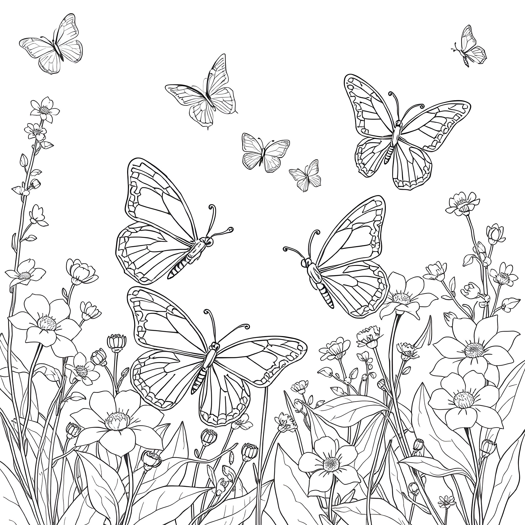 Butterfly Meadow: A Fluttering Dance of Nature Coloring Page (free black-and-white line drawing printable PDF for all, from beginners to advanced learners, including children, teens, adults, and seniors)