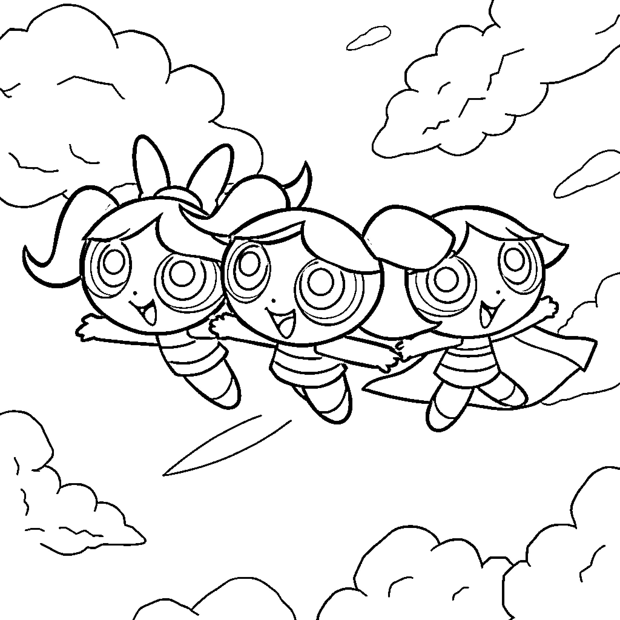 Power Puff Girls cheerfully flying through the sky Coloring Page (free black-and-white line drawing printable PDF for all, from beginners to advanced learners, including children, teens, adults, and seniors)