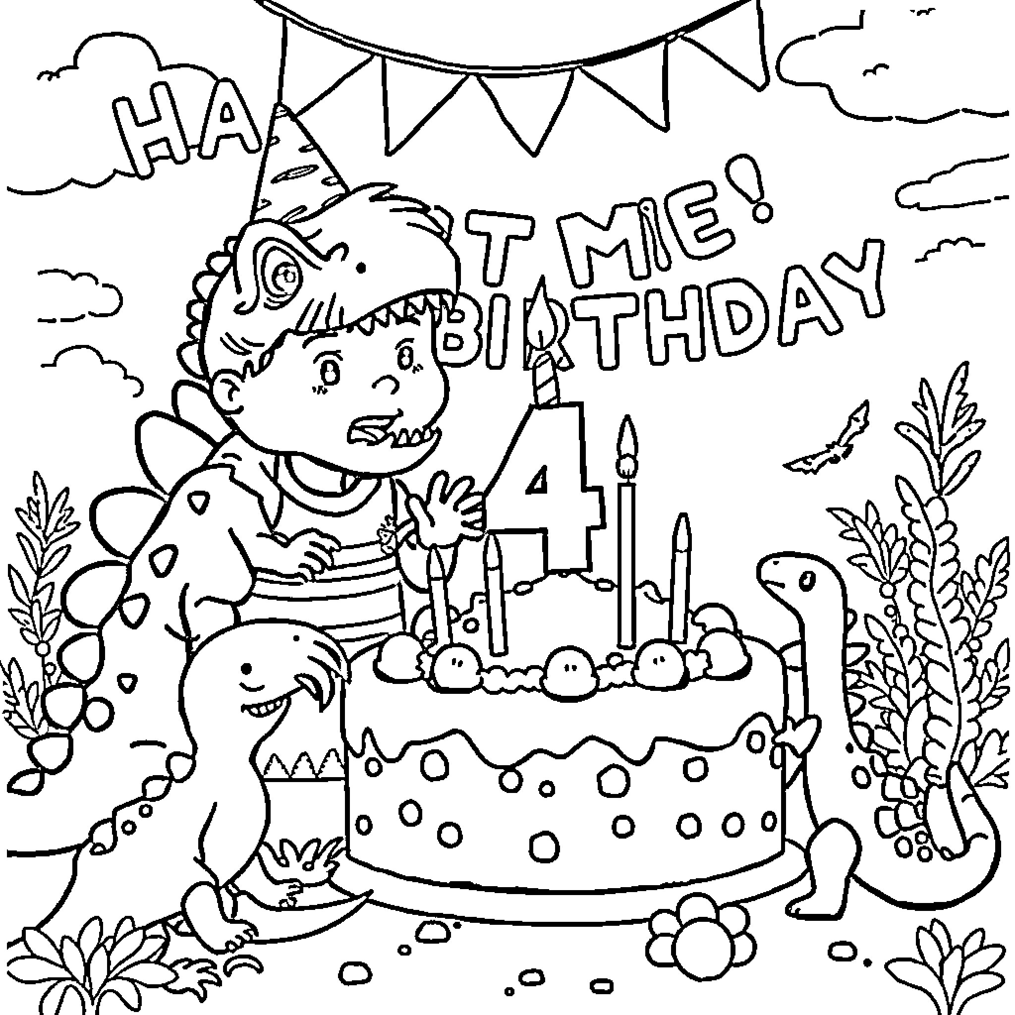 Dinosaur's Joyful Birthday Celebration Coloring Page (free black-and-white line drawing printable PDF for all, from beginners to advanced learners, including children, teens, adults, and seniors)
