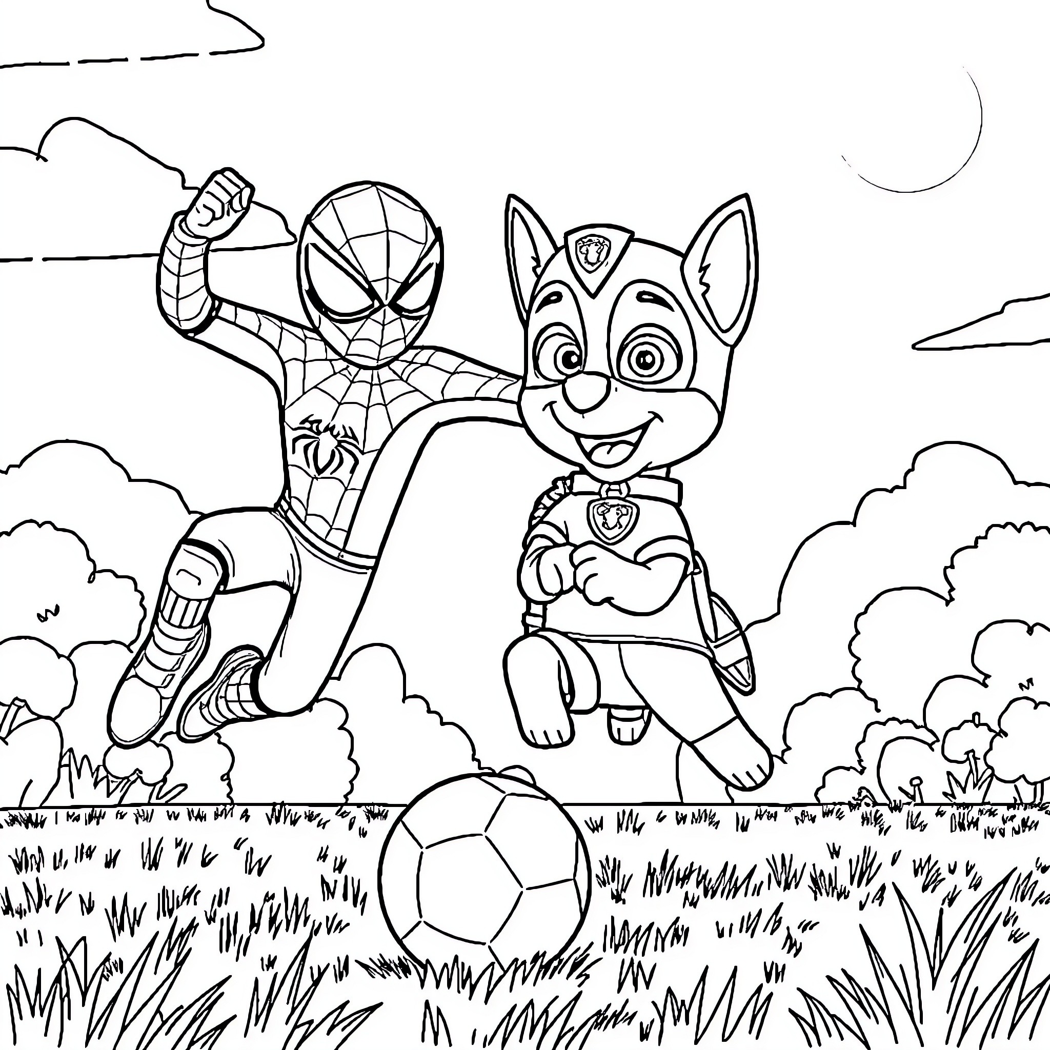 Spidey and Paw Patrol Hero Teamwork Adventure Coloring Page (free black-and-white line drawing printable PDF for all, from beginners to advanced learners, including children, teens, adults, and seniors)