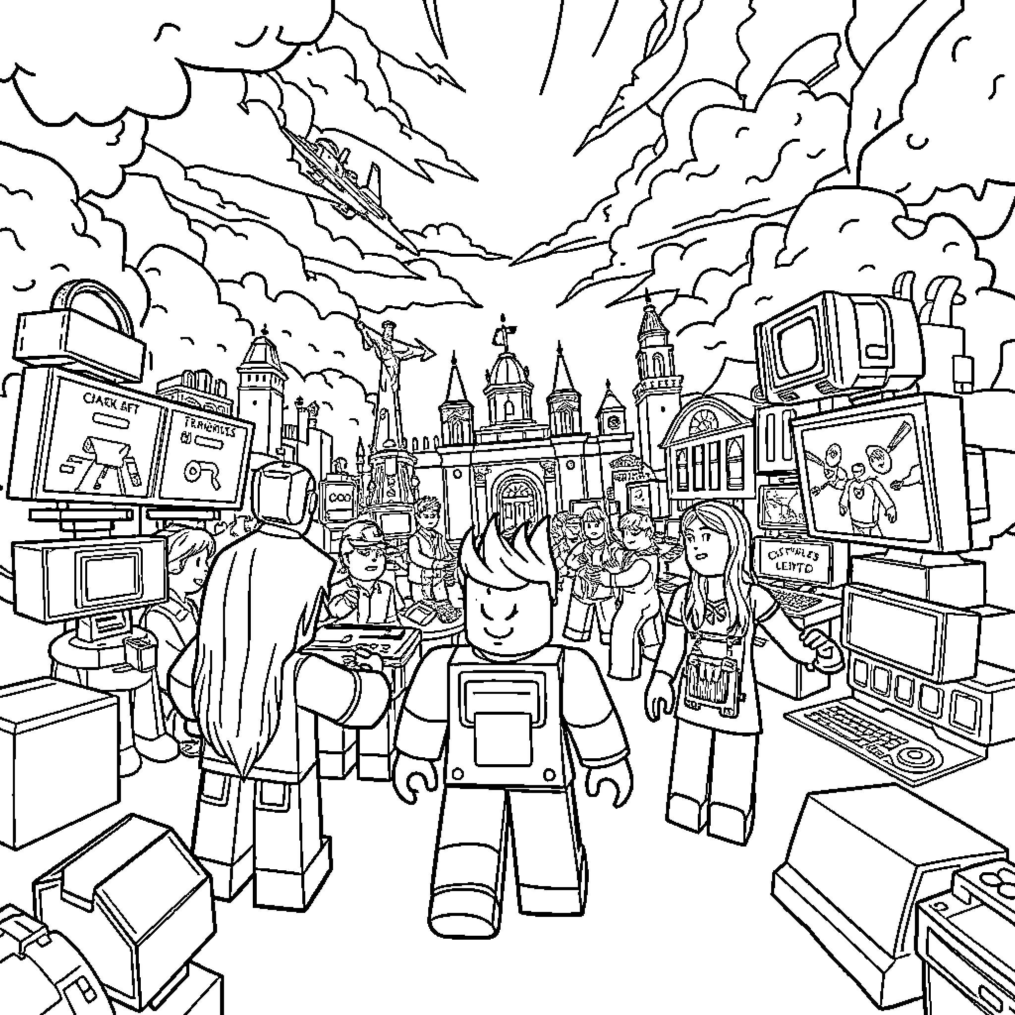 Roblox Characters in a Bustling City Scene Coloring Page (free black-and-white line drawing printable PDF for all, from beginners to advanced learners, including children, teens, adults, and seniors)