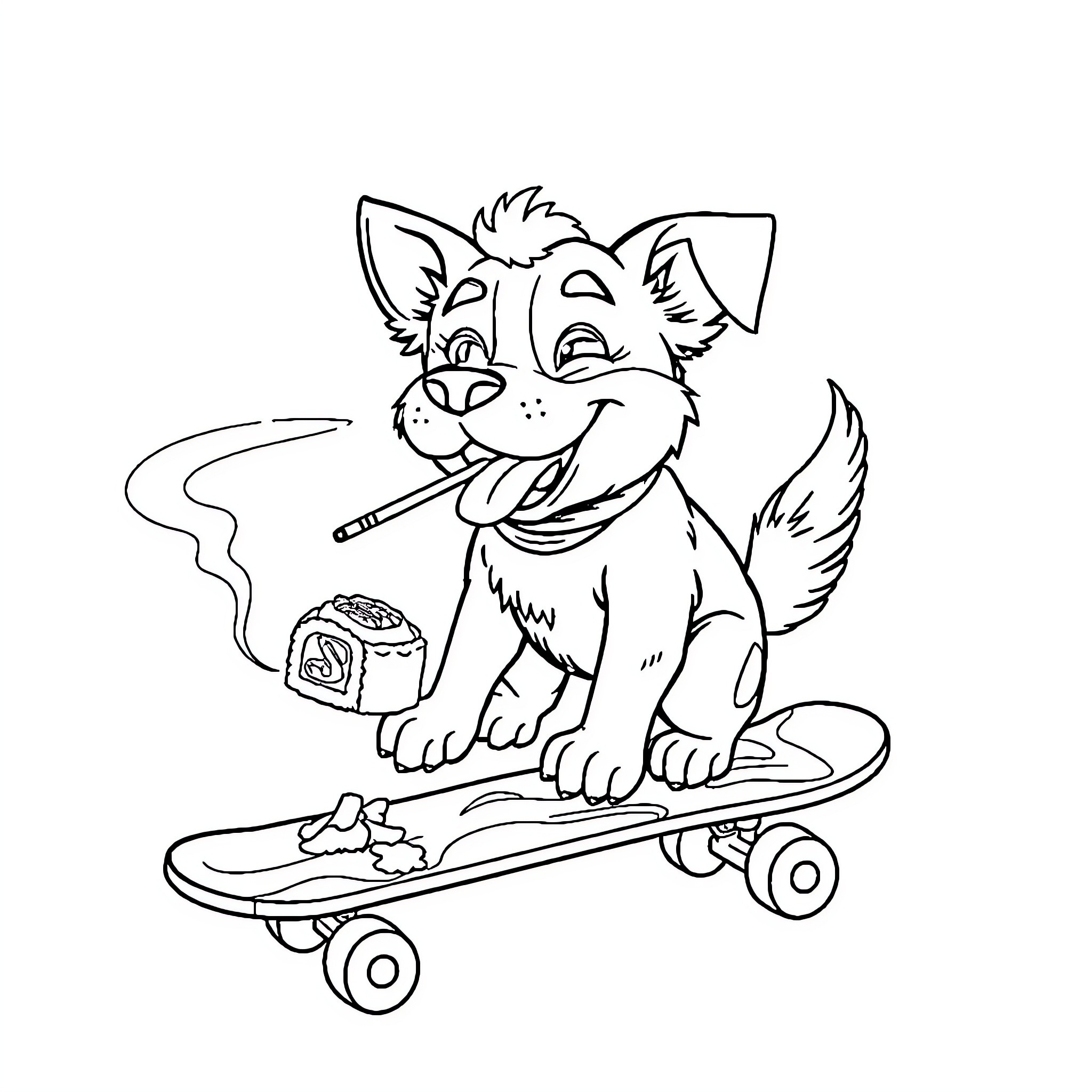 Dog riding skateboard with sushi Coloring Page (free black-and-white line drawing printable PDF for all, from beginners to advanced learners, including children, teens, adults, and seniors)