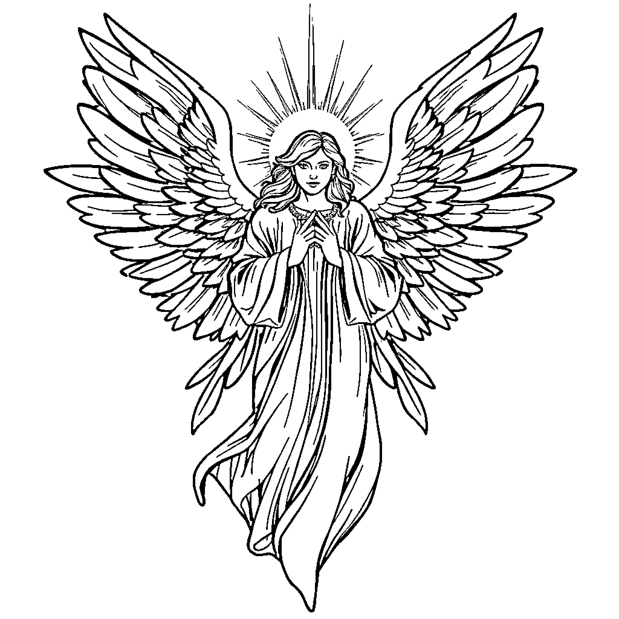 Angel with Outstretched Wings in Flowing Robe Coloring Page (free black-and-white line drawing printable PDF for all, from beginners to advanced learners, including children, teens, adults, and seniors)