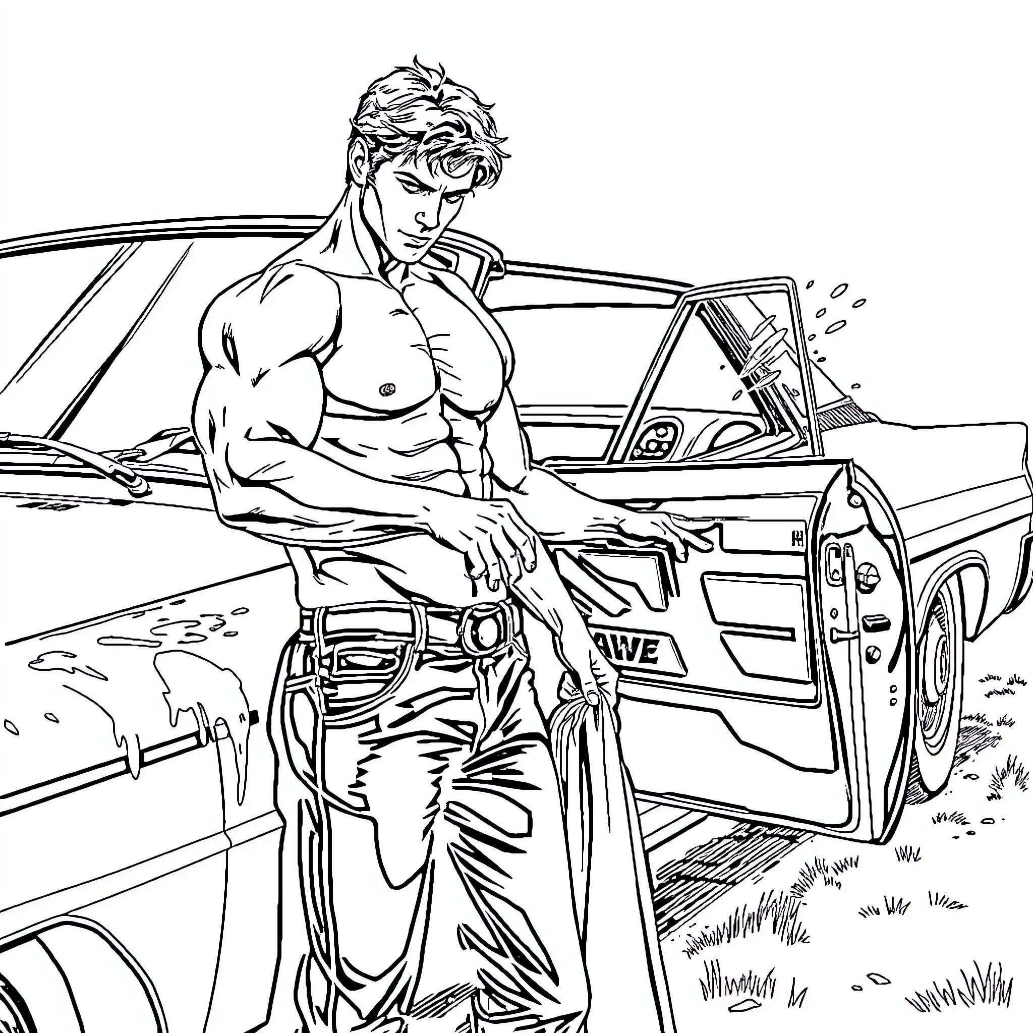 Dean Winchester in an intense action scene Coloring Page (free black-and-white line drawing printable PDF for all, from beginners to advanced learners, including children, teens, adults, and seniors)