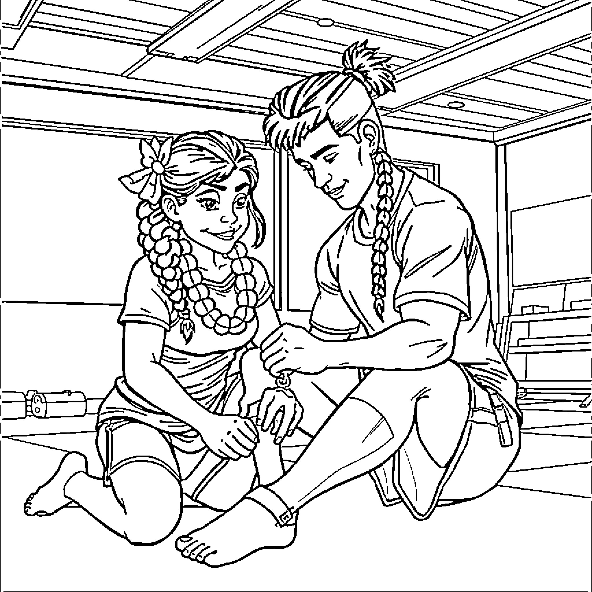 Maui friends enjoying a casual moment Coloring Page (free black-and-white line drawing printable PDF for all, from beginners to advanced learners, including children, teens, adults, and seniors)