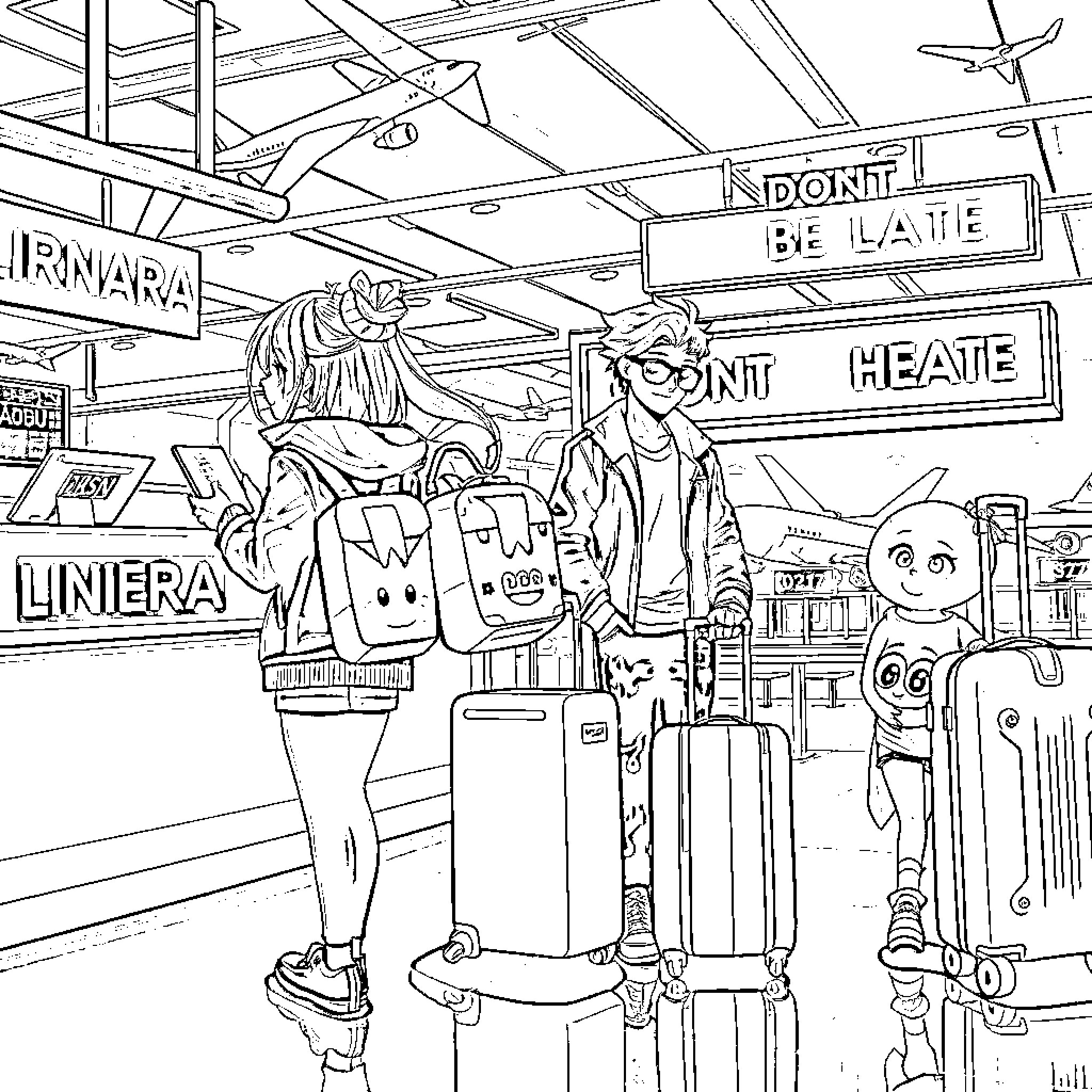 Airport Travelers with Luggage and Airport Signs Coloring Page (free black-and-white line drawing printable PDF for all, from beginners to advanced learners, including children, teens, adults, and seniors)