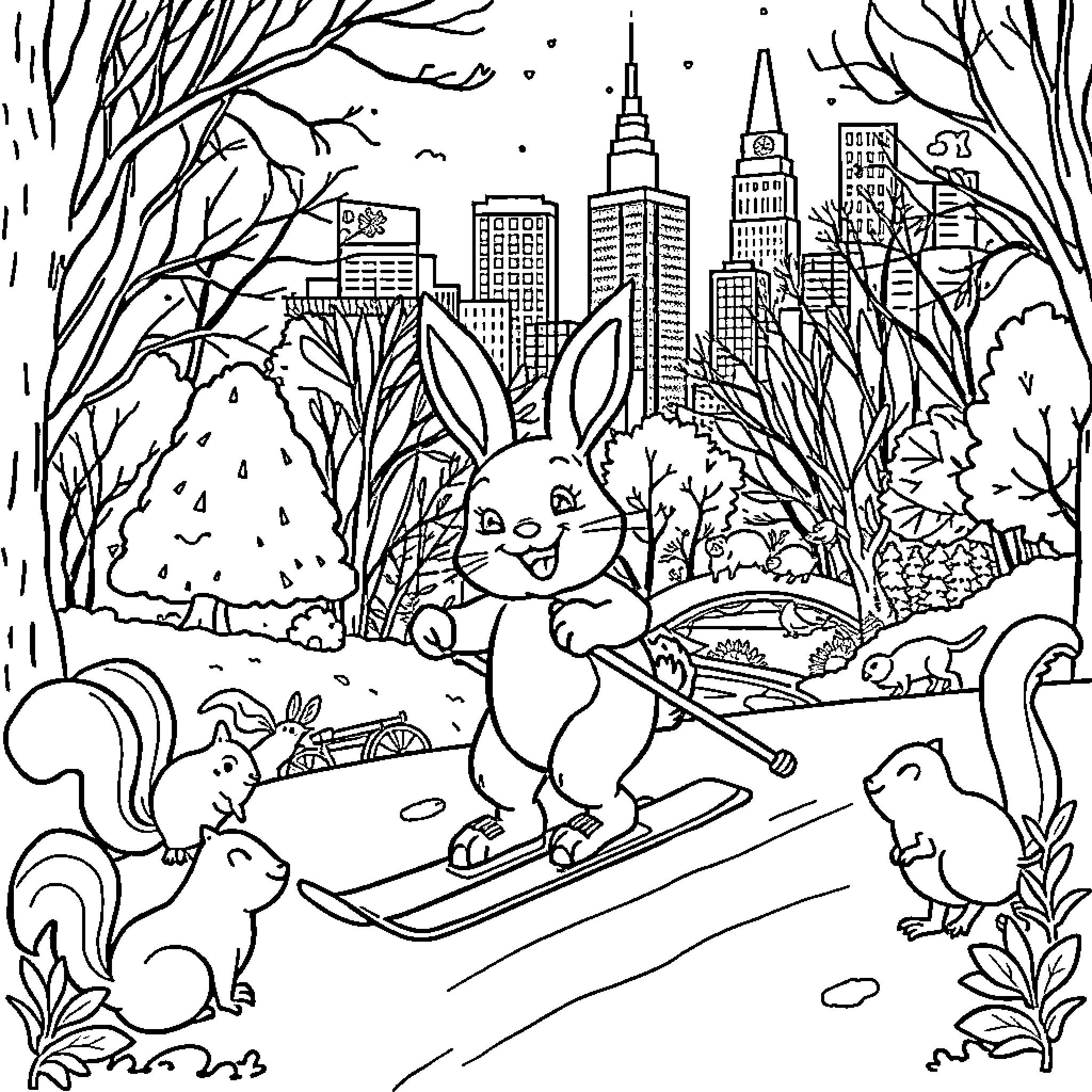 Rabbit sledding through winter wonderland with city skyline Coloring Page (free black-and-white line drawing printable PDF for all, from beginners to advanced learners, including children, teens, adults, and seniors)