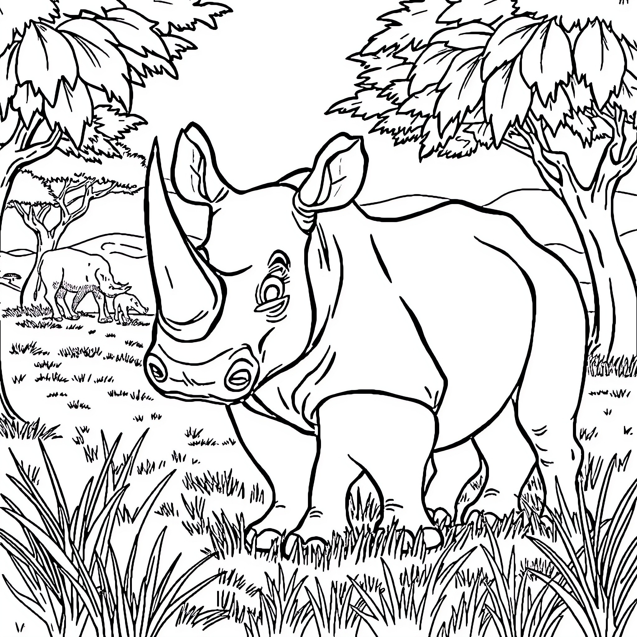 Rhino roaming in the wild habitat Coloring Page (free black-and-white line drawing printable PDF for all, from beginners to advanced learners, including children, teens, adults, and seniors)