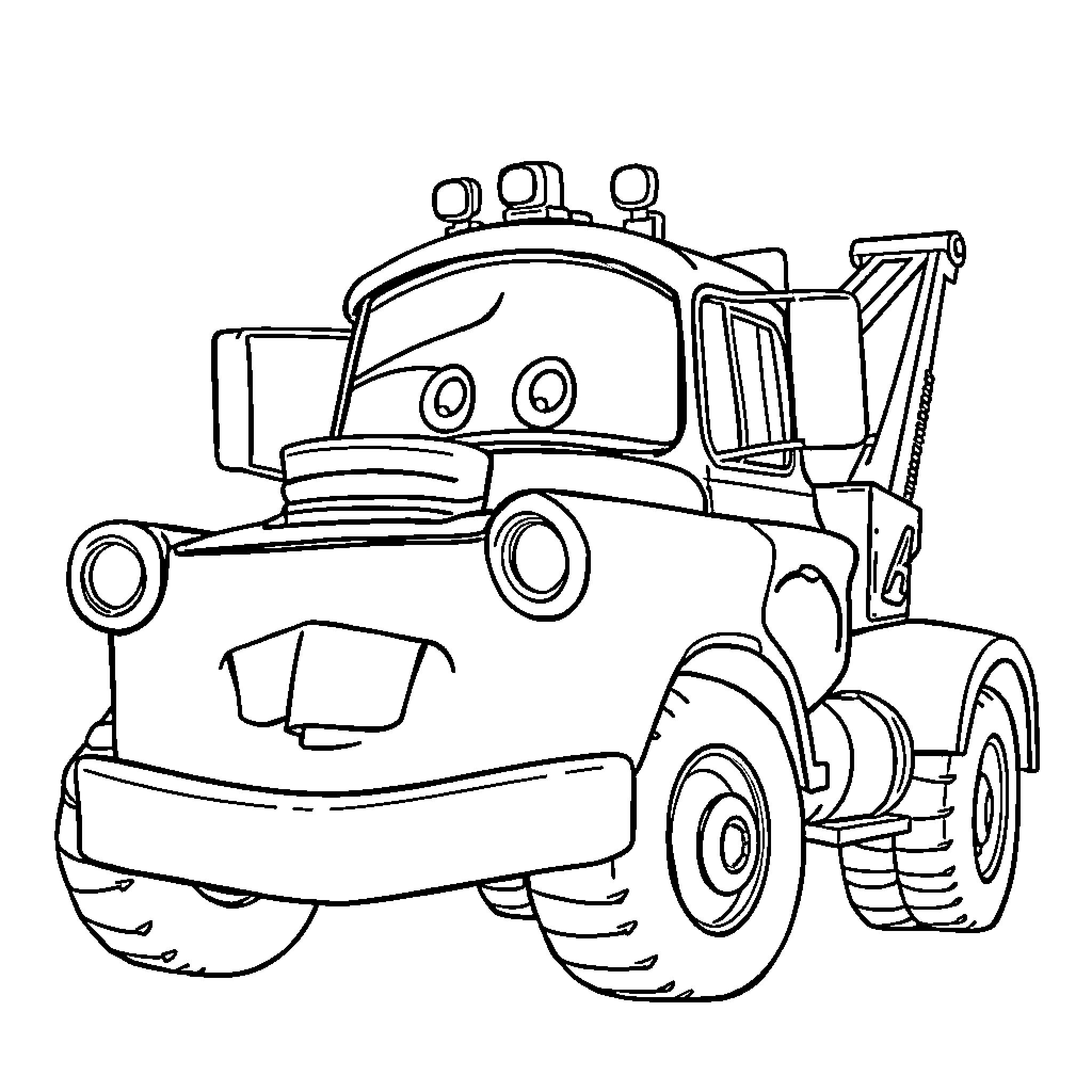 Tow Mater the Friendly Tow Truck Coloring Page (free black-and-white line drawing printable PDF for all, from beginners to advanced learners, including children, teens, adults, and seniors)