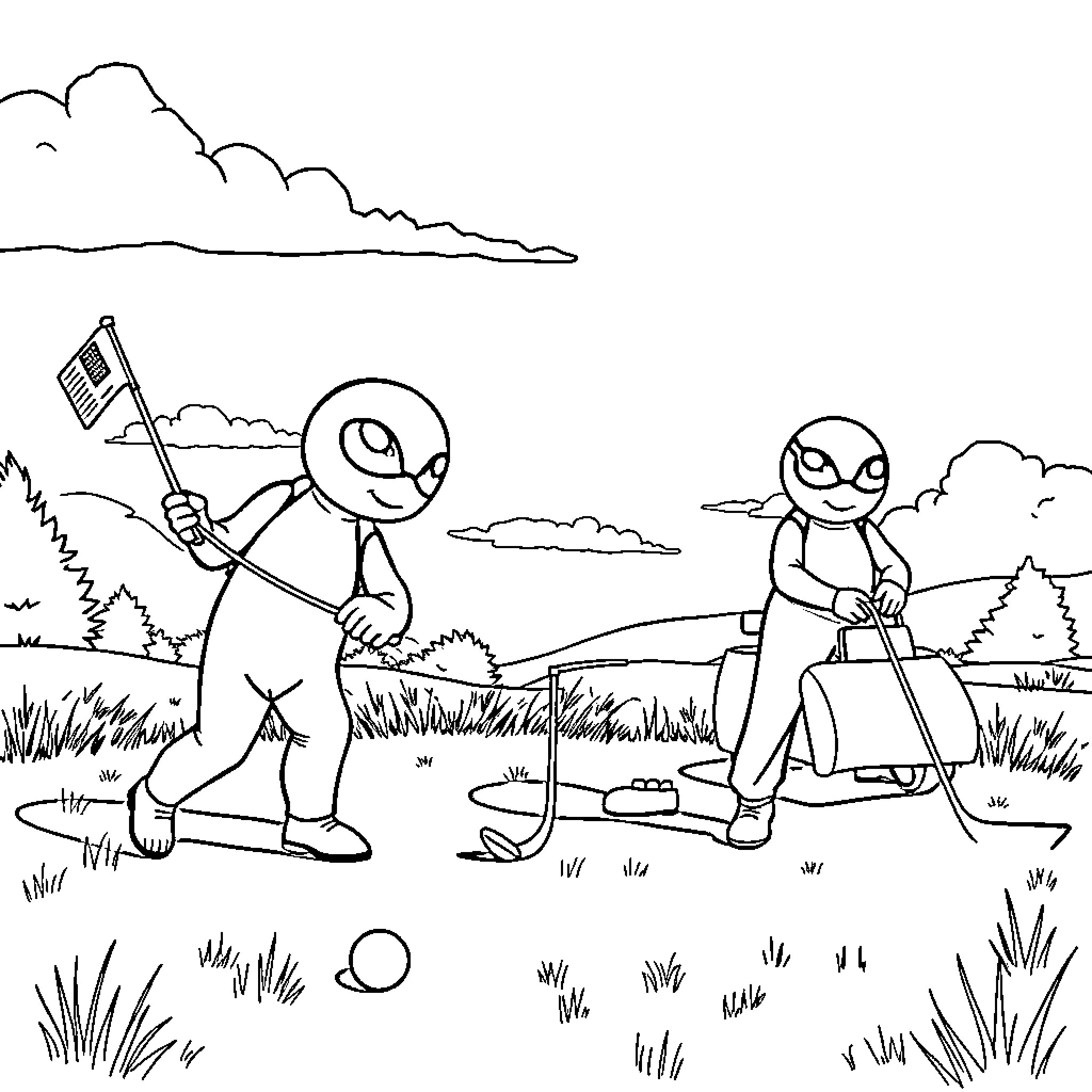 Paw Patrol characters playing golf in a field Coloring Page (free black-and-white line drawing printable PDF for all, from beginners to advanced learners, including children, teens, adults, and seniors)