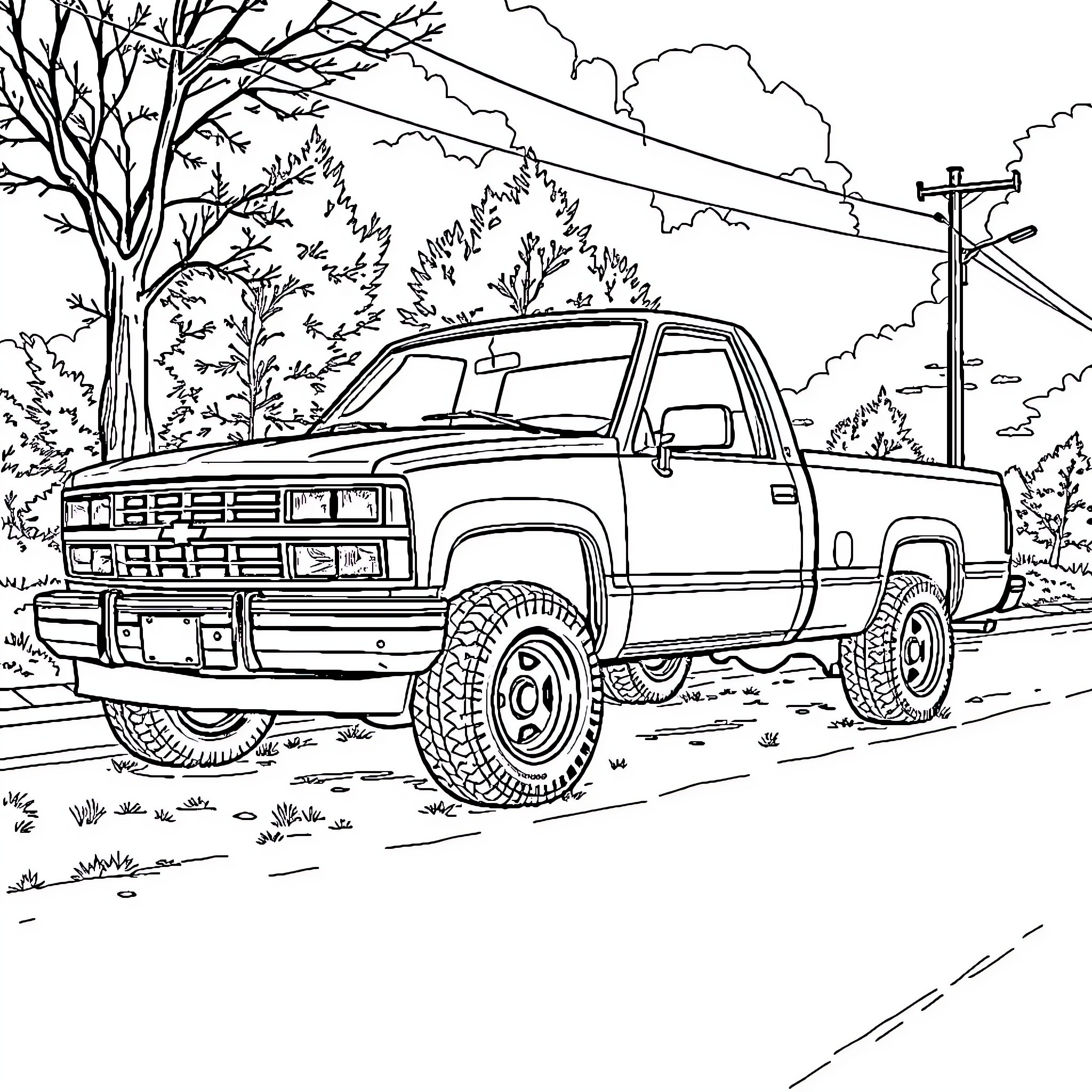 Chevy Truck parked in rural landscape Coloring Page (free black-and-white line drawing printable PDF for all, from beginners to advanced learners, including children, teens, adults, and seniors)