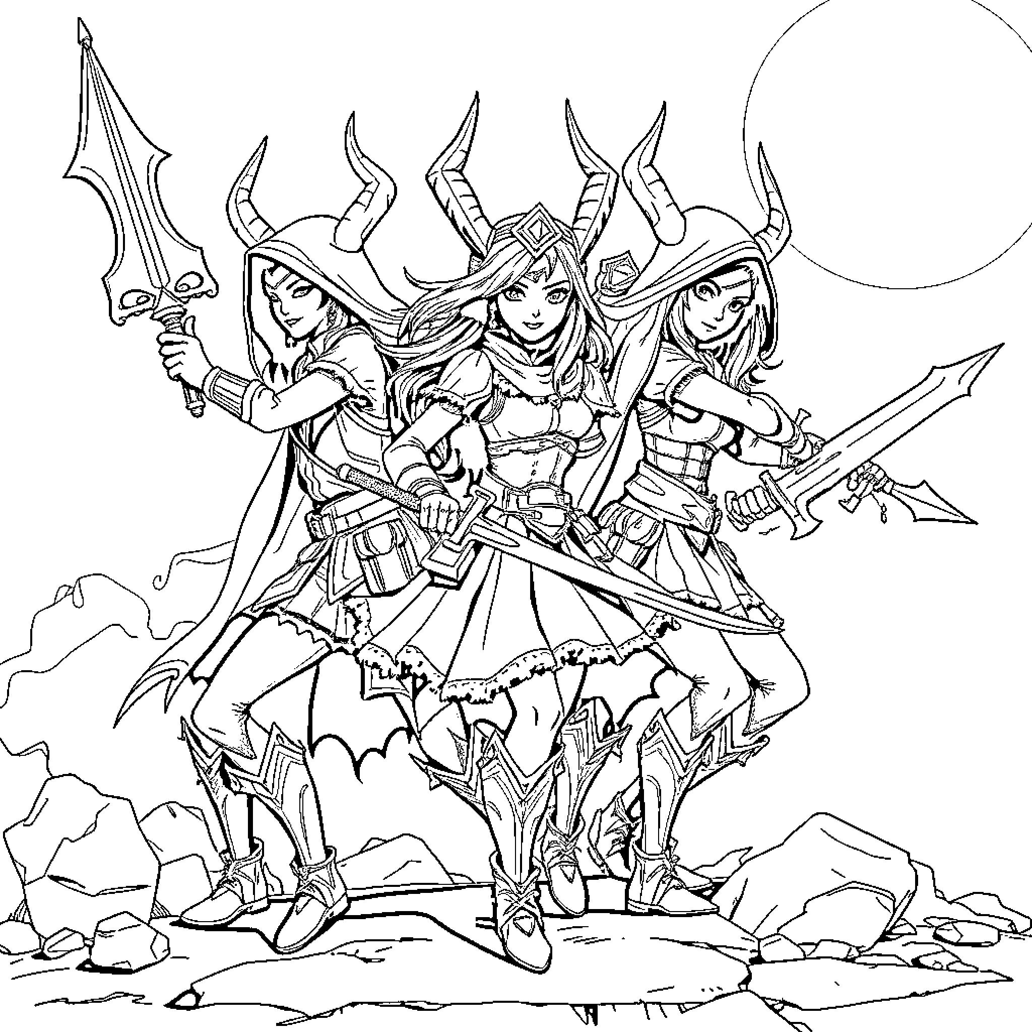 Demon Hunters in Battle Poses with Weapons Coloring Page (free black-and-white line drawing printable PDF for all, from beginners to advanced learners, including children, teens, adults, and seniors)