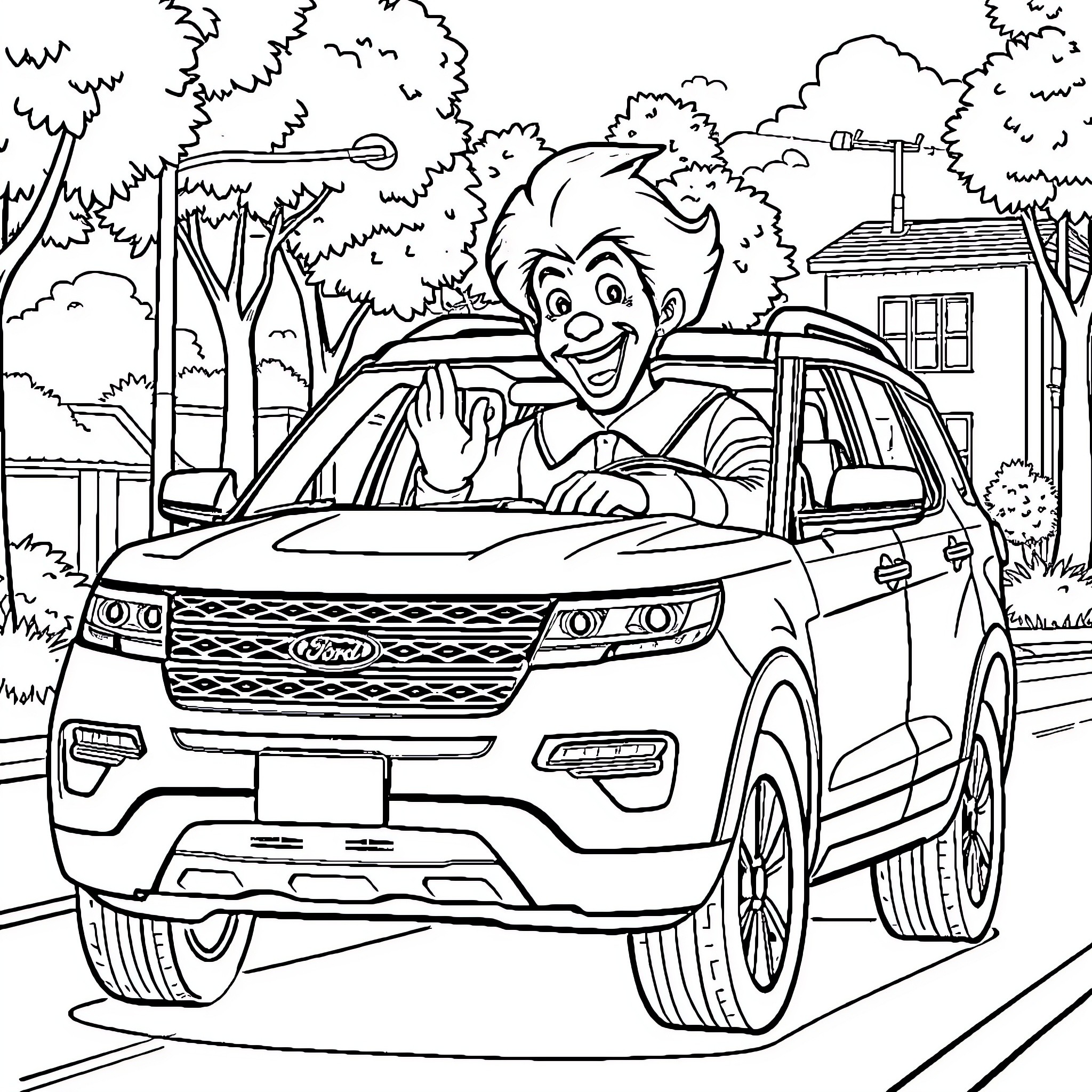 Ronald McDonald driving a car happily down the road Coloring Page (free black-and-white line drawing printable PDF for all, from beginners to advanced learners, including children, teens, adults, and seniors)