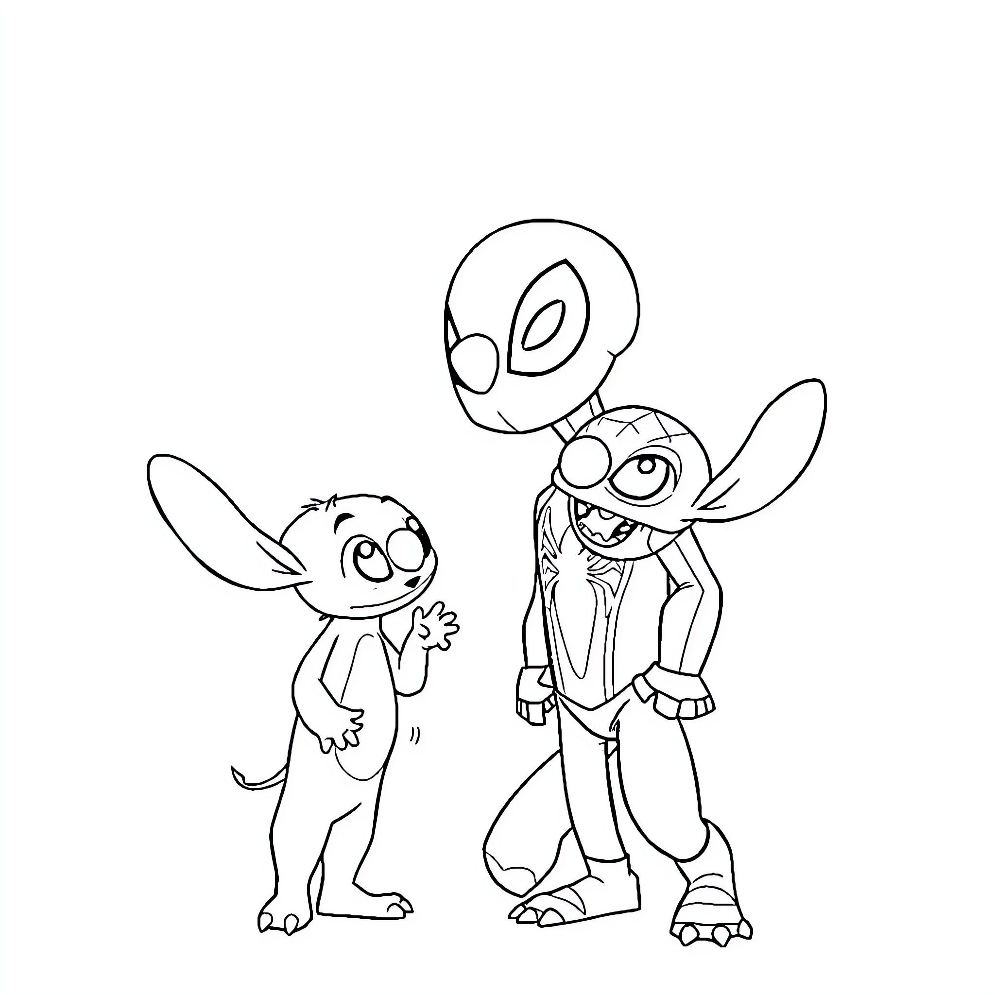 Miles Morales and Stitch in Animated Adventure Coloring Page (free black-and-white line drawing printable PDF for all, from beginners to advanced learners, including children, teens, adults, and seniors)