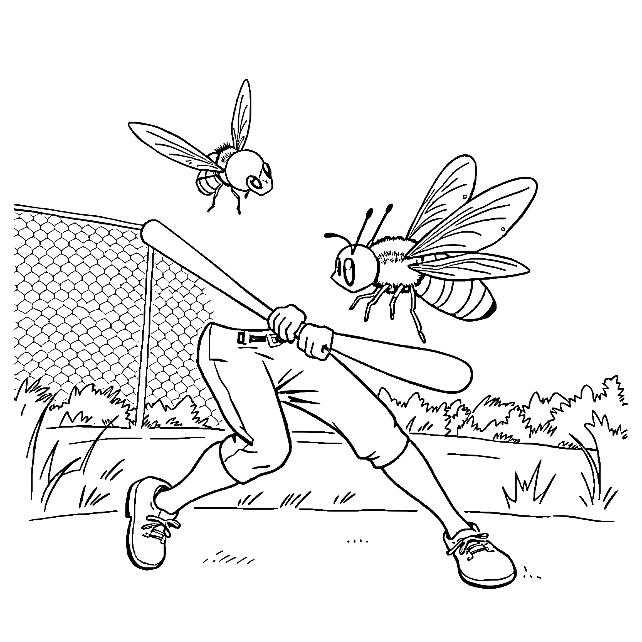 Softball Player Battling Oversized Bees Coloring Page (free black-and-white line drawing printable PDF for all, from beginners to advanced learners, including children, teens, adults, and seniors)