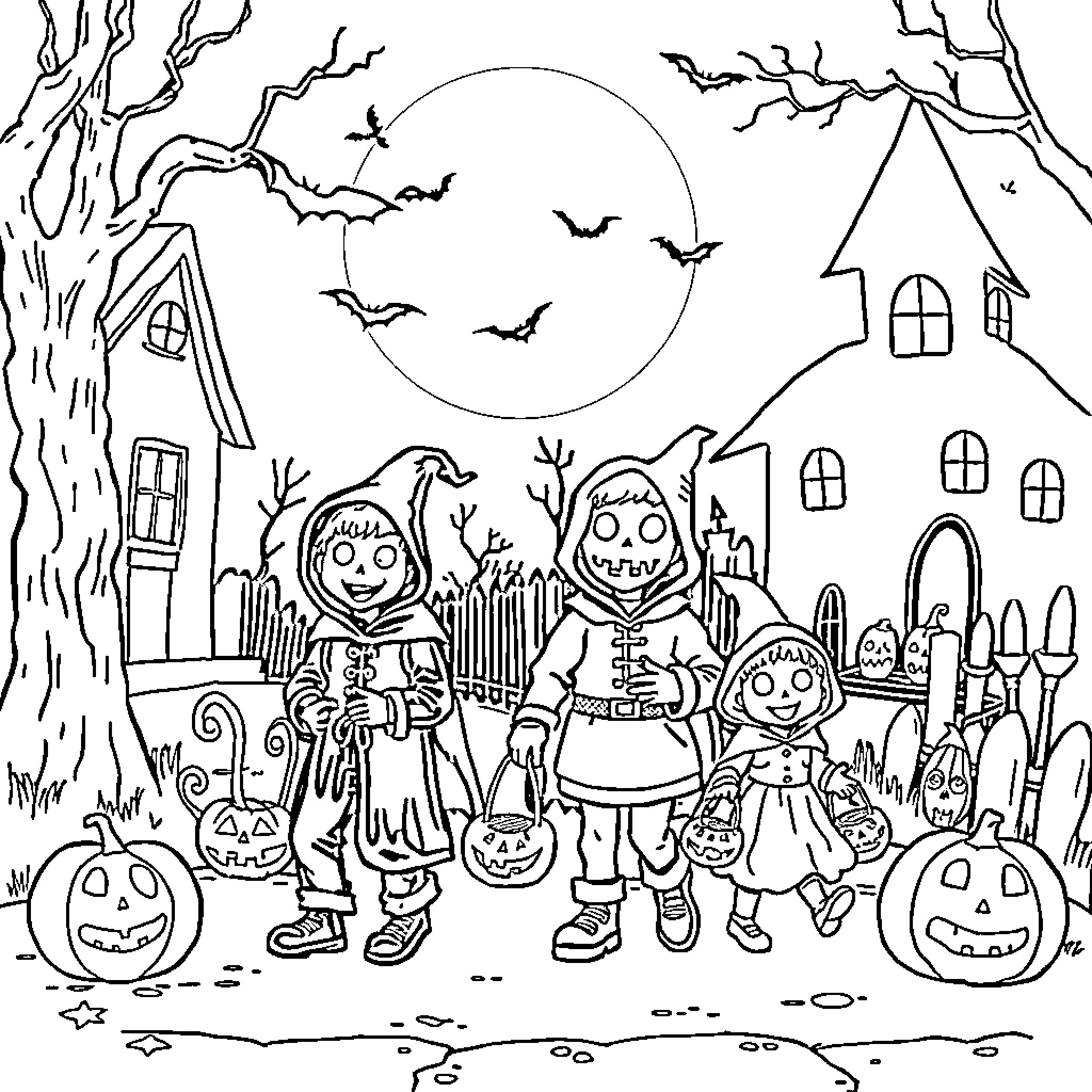 Halloween trick-or-treaters in a spooky neighborhood Coloring Page (free black-and-white line drawing printable PDF for all, from beginners to advanced learners, including children, teens, adults, and seniors)